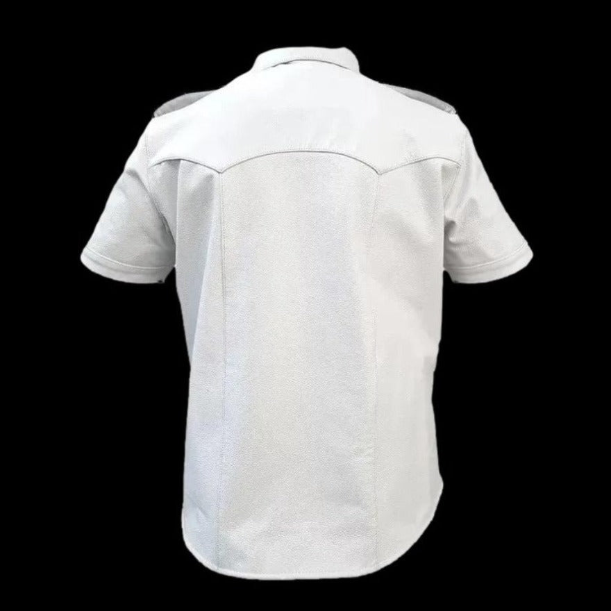 Picture of our Mens Leather Short Sleeve Shirt, color is white, back view with black background for contrast.