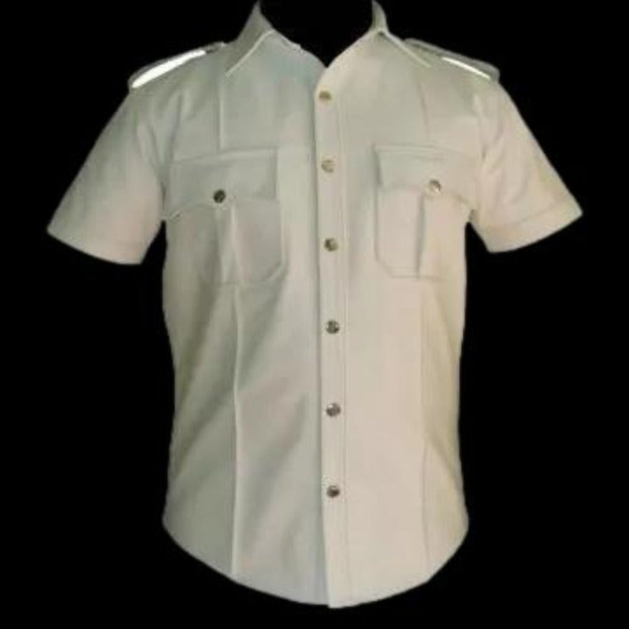 Picture of our Mens Leather Short Sleeve Shirt, color is white, front view with black background for contrast.