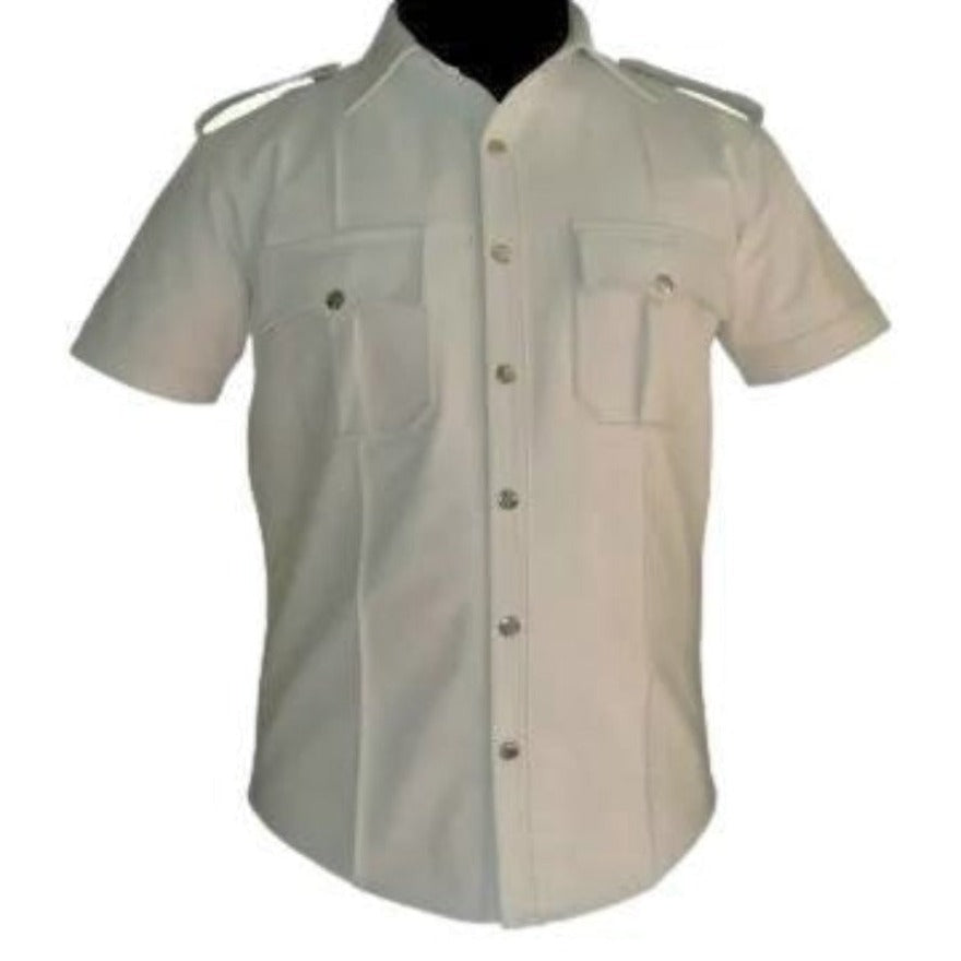 Picture of our Mens Leather Short Sleeve Shirt, color is white, front view.