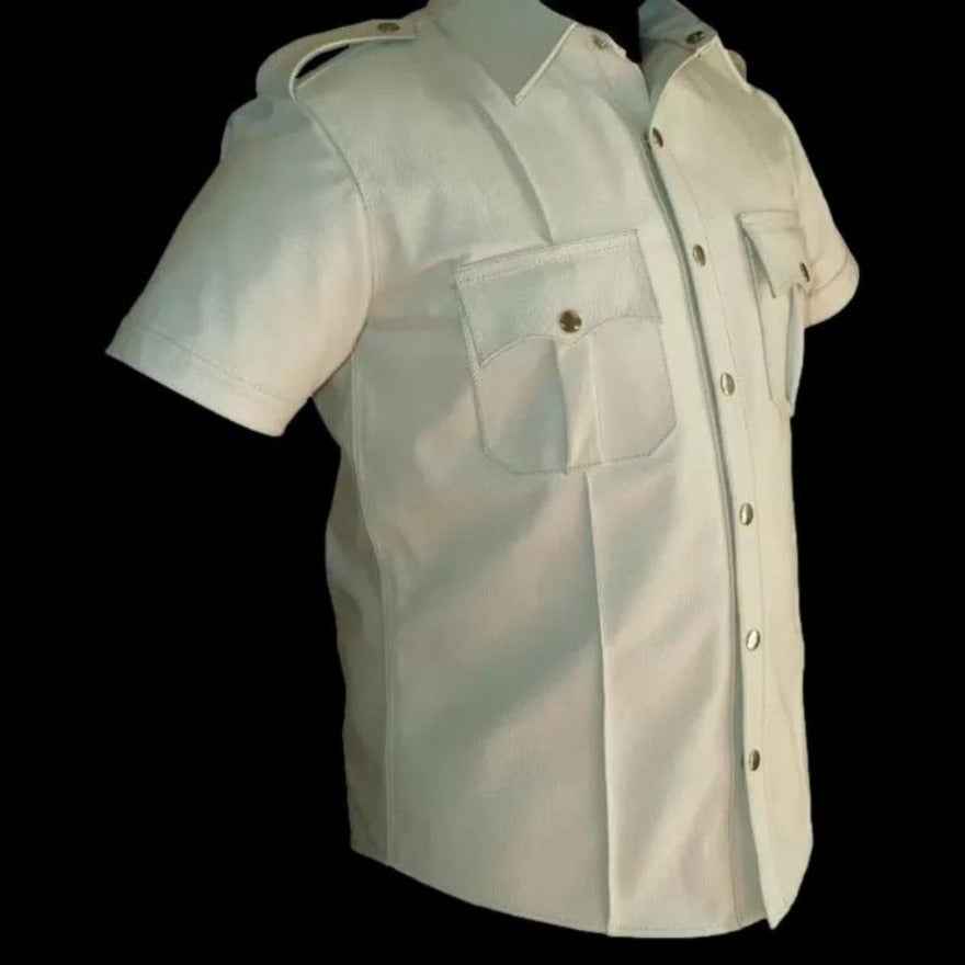 Picture of our Mens Leather Short Sleeve Shirt, color is white, side view with black background for contrast.