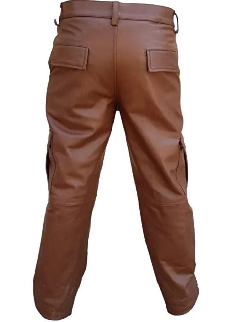 Picture of our Brown Leather Cargo Pants back view.