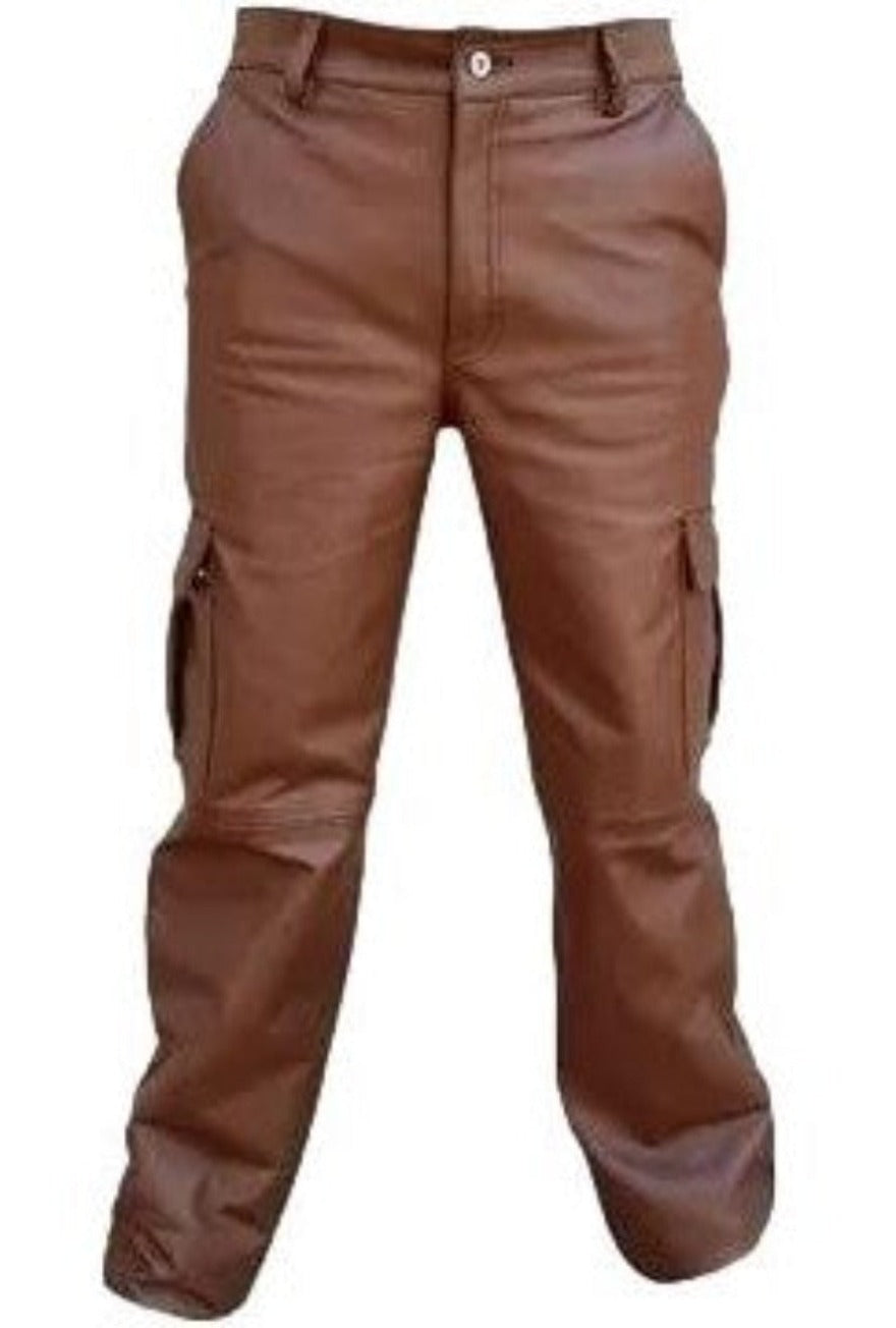 Picture of our Brown Leather Cargo Pants front view.