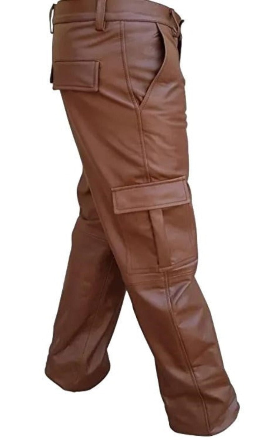 Picture of our Brown Leather Cargo Pants side view.