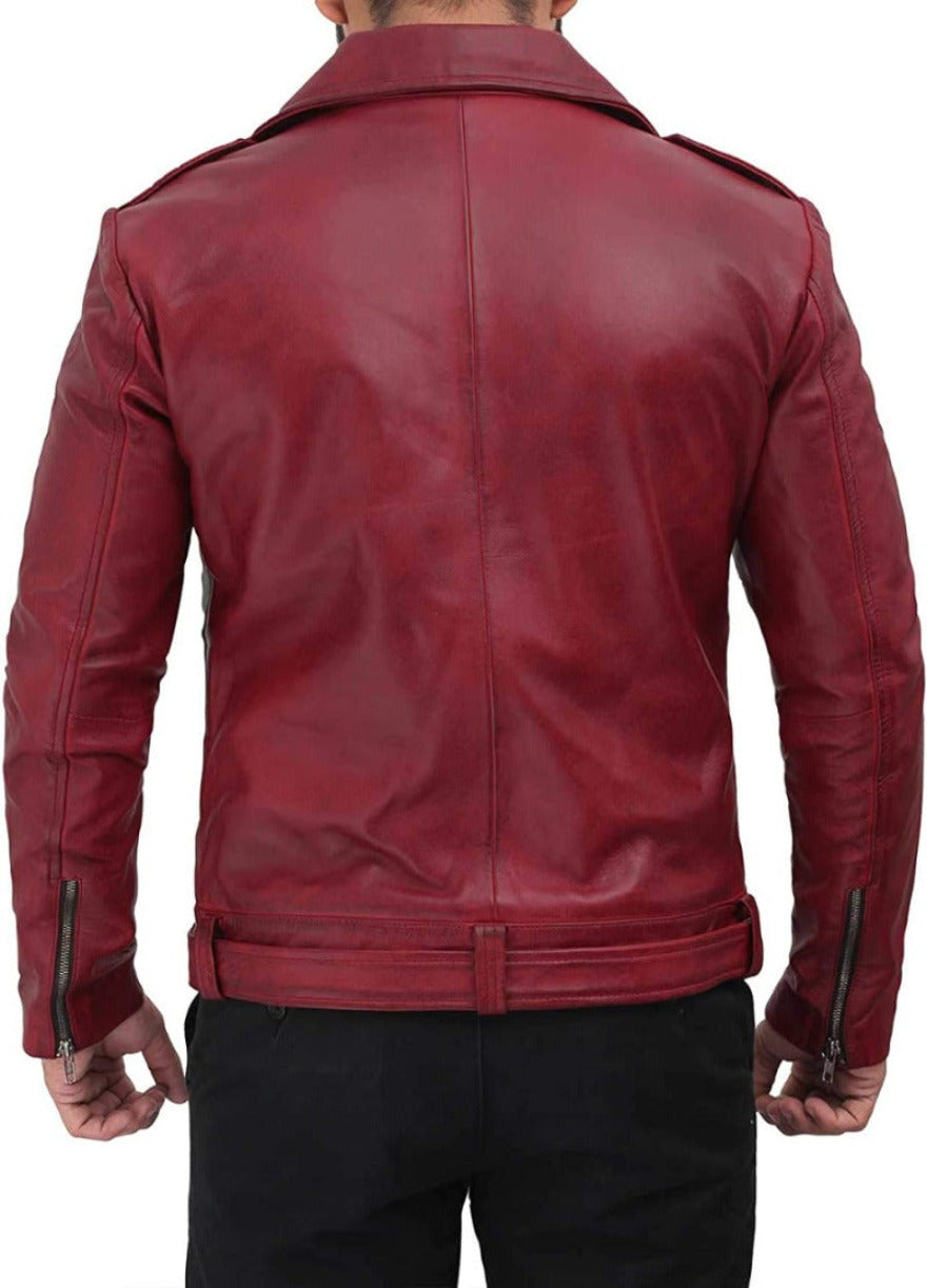 Picture of a male model wearing our Maroon Leather Moto Jacket, back view