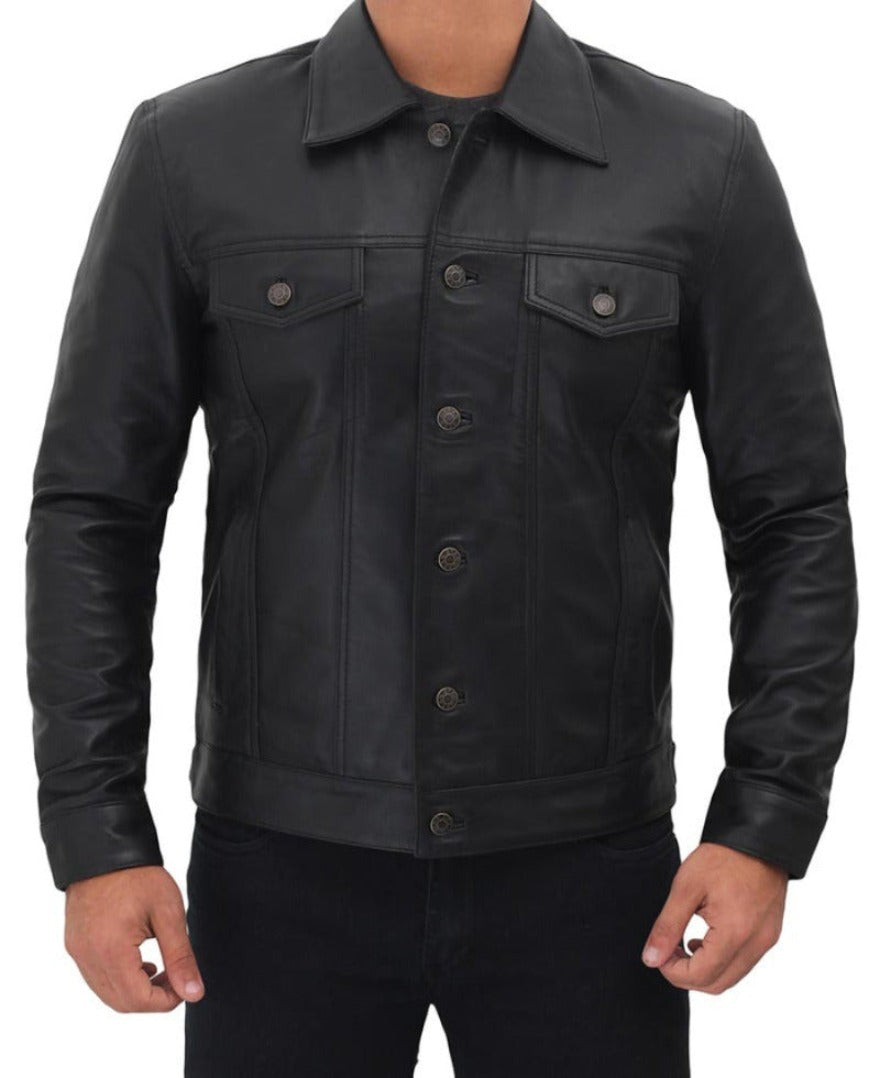 Picture of a model wearing our Mens Black Leather Trucker Jacket front view buttoned