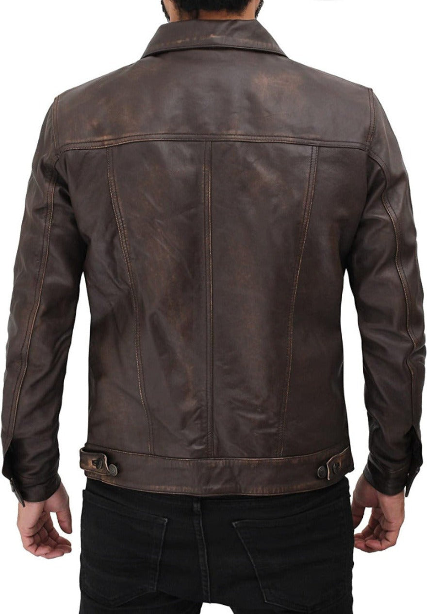 Picture of a model wearing our Mens Brown Leather Trucker Jacket, Dk Brown rub off color, back view.