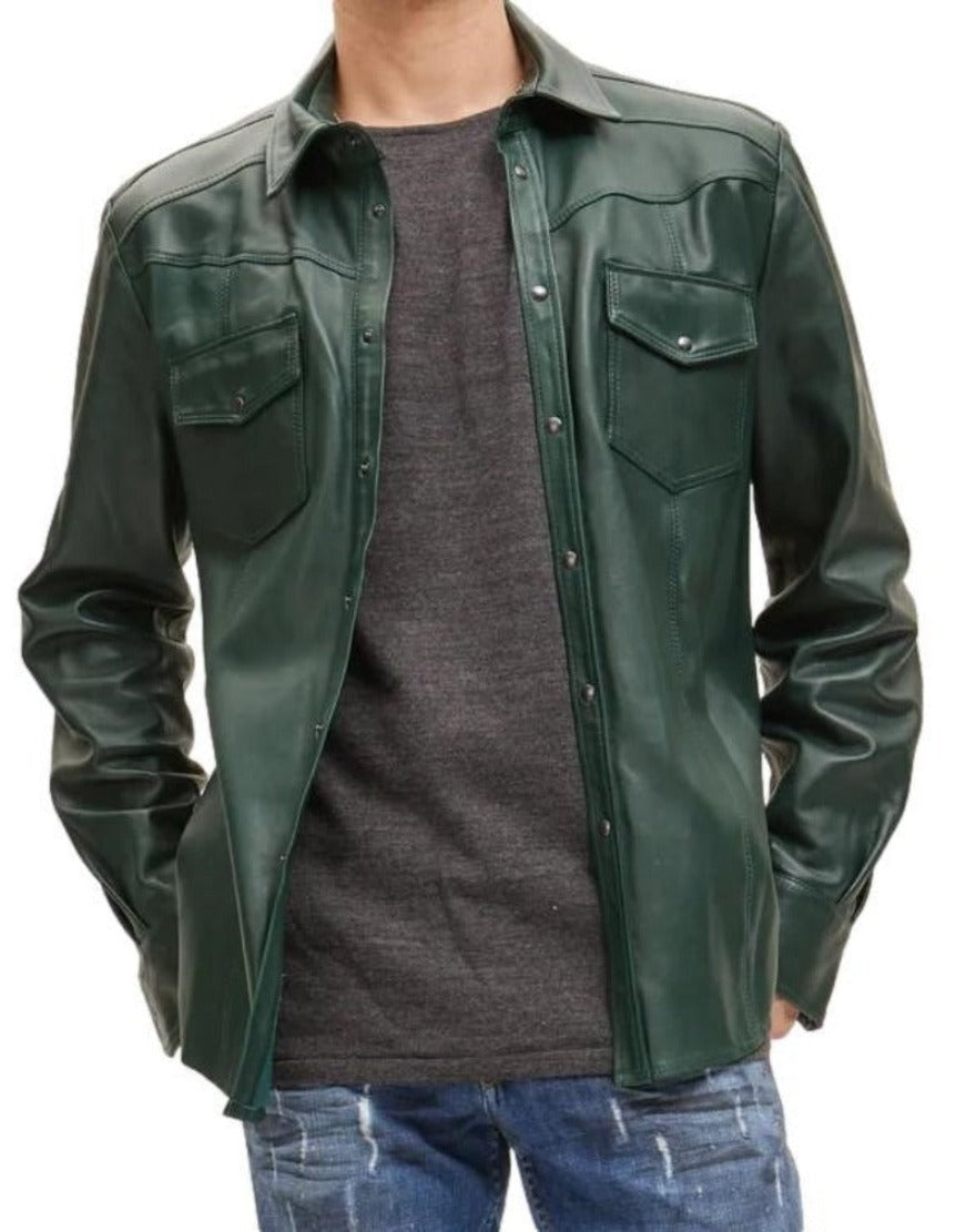 Picture of a model wearing our mens green leather shirt, front view.
