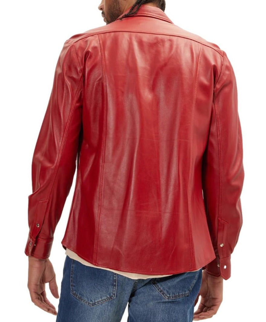 Picture of a model wearing our Mens Red Leather Shirt, back view.