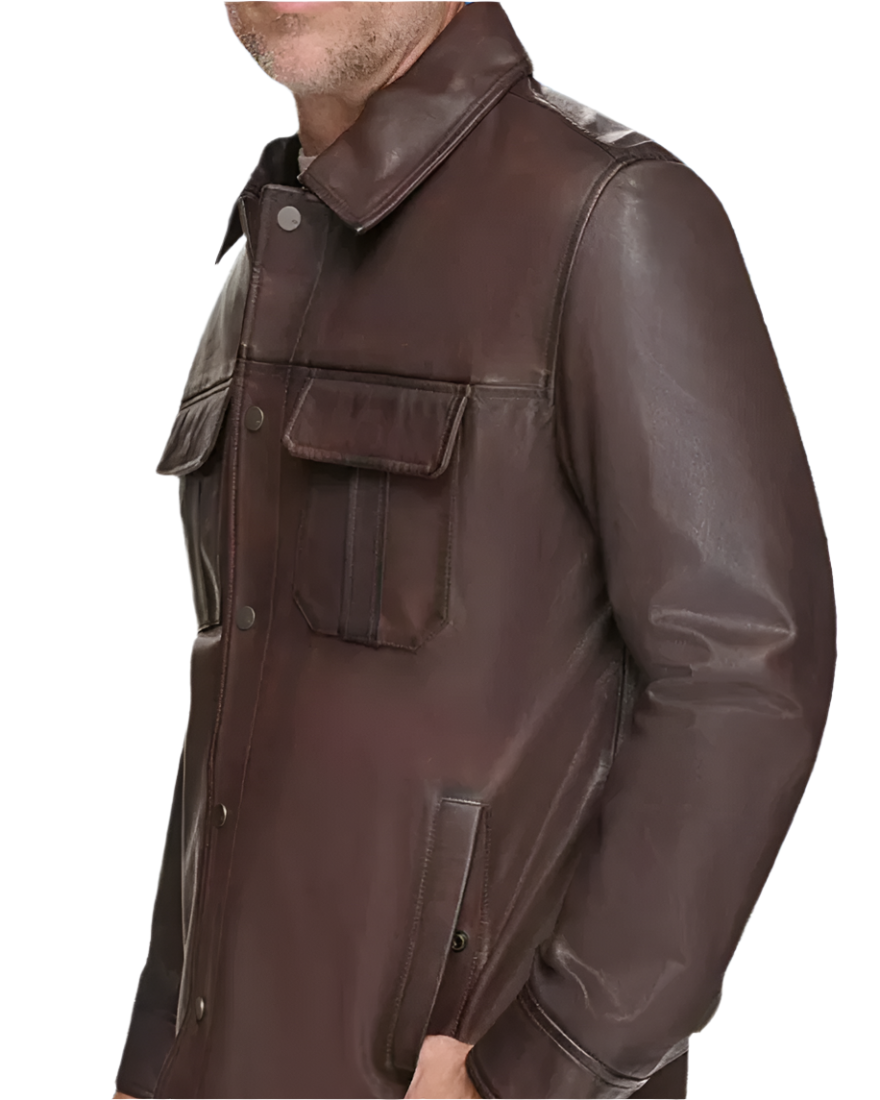 Picture of a model wearing our Leather Brown shirt, side view.