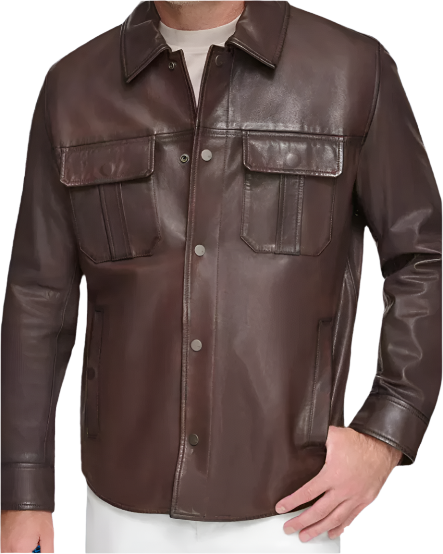 Picture of a model wearing our Leather Brown shirt, front view, buttoned.