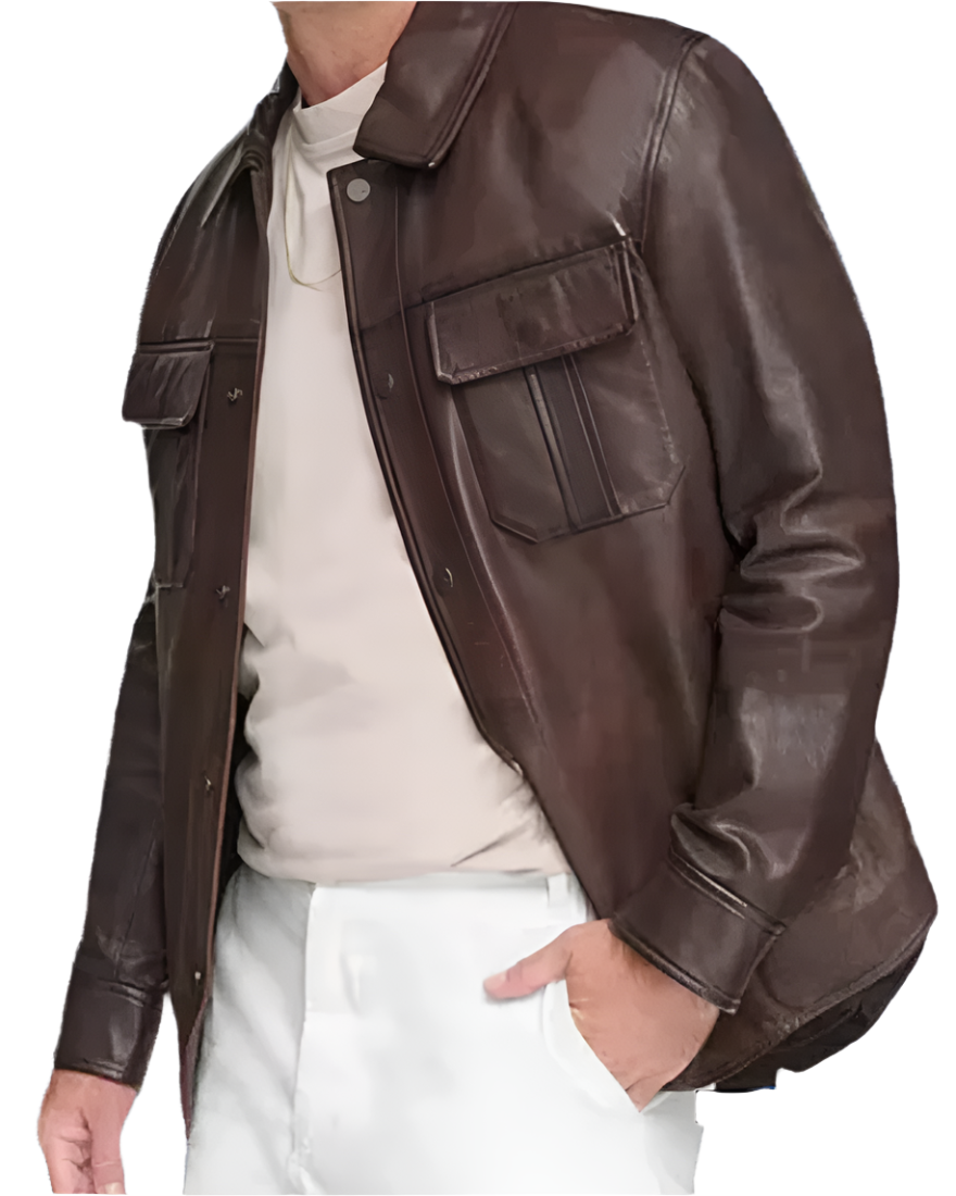 Picture of a model wearing our Leather Brown shirt, front view, not buttoned. 