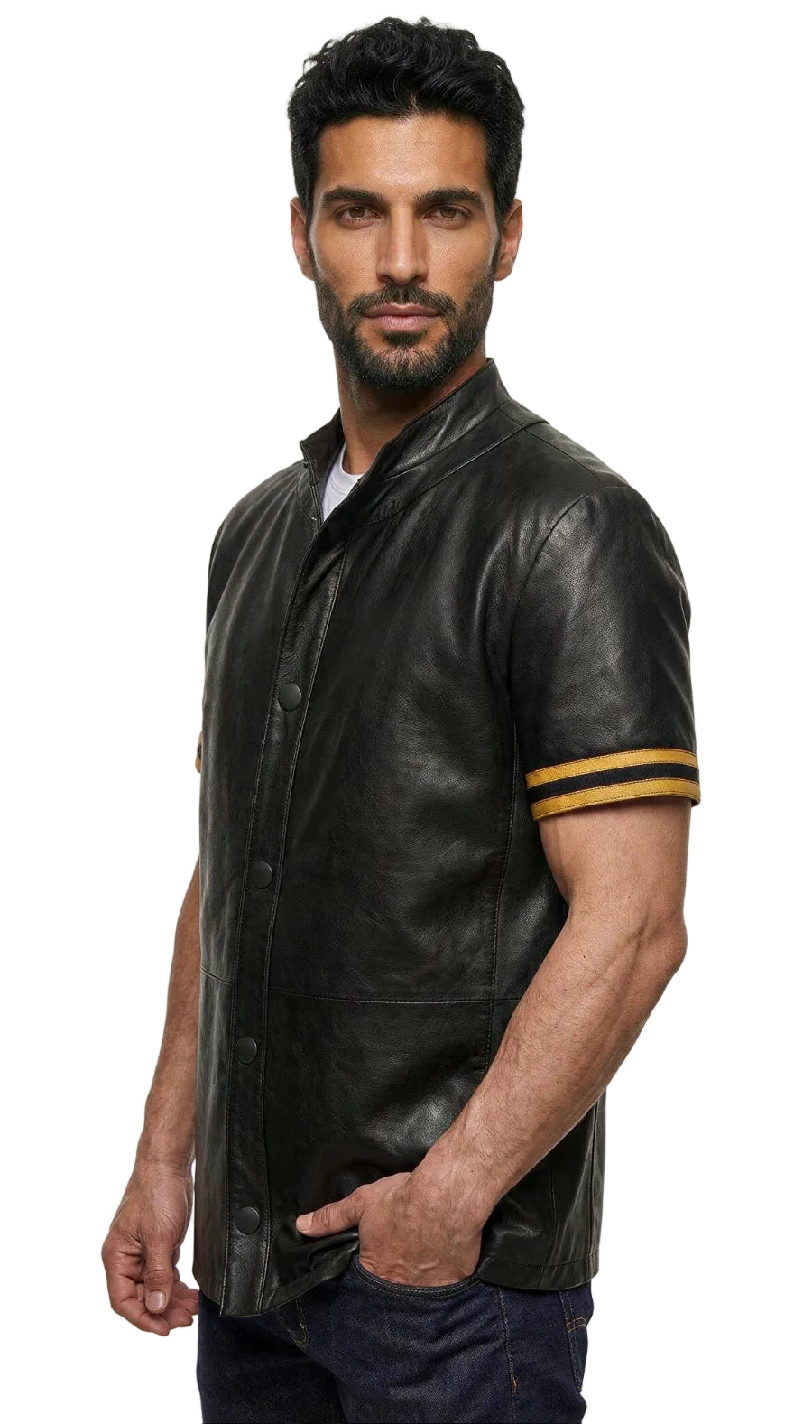 A man wearing a Black Leather Button Up Shirt Short Sleeve with yellow stripes on the sleeves, styled over a white t-shirt and dark jeans.