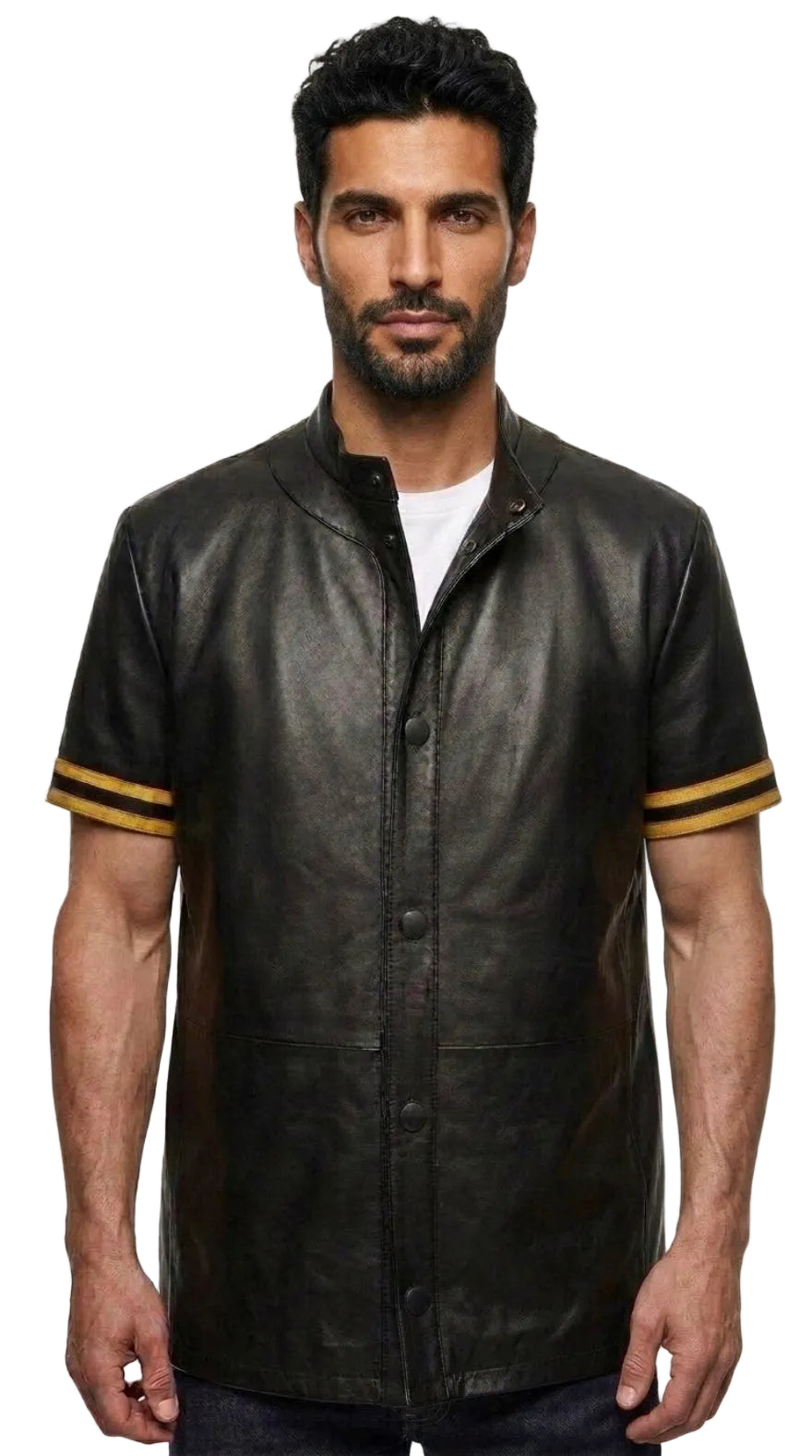A man wearing a black leather short-sleeve button-up shirt with gold stripes on the sleeves, styled over a white t-shirt, against a plain white background.