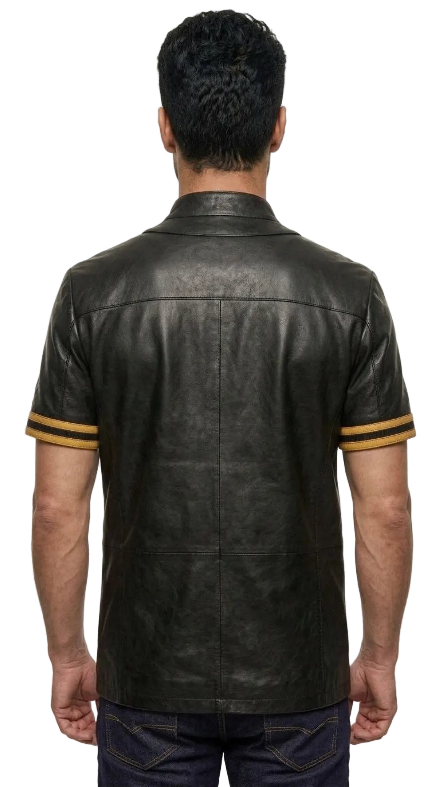 A man viewed from behind wearing a Leather Button Up Shirt Short Sleeve with yellow stripes on the sleeves, paired with dark blue jeans, against a plain white background.