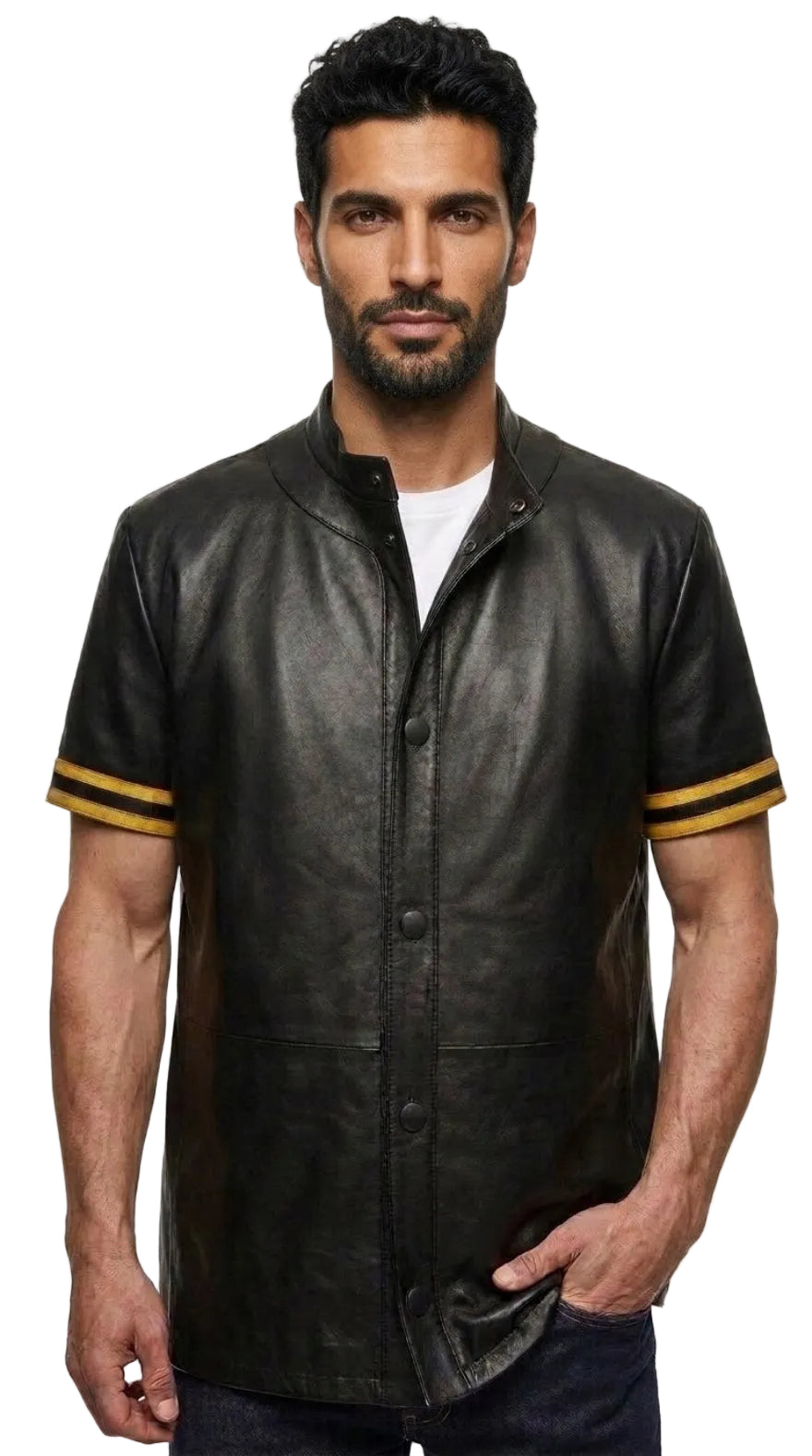 A man wearing a Black Leather Button Up Shirt Short Sleeve with yellow stripes on the sleeves, styled over a white t-shirt and dark jeans.