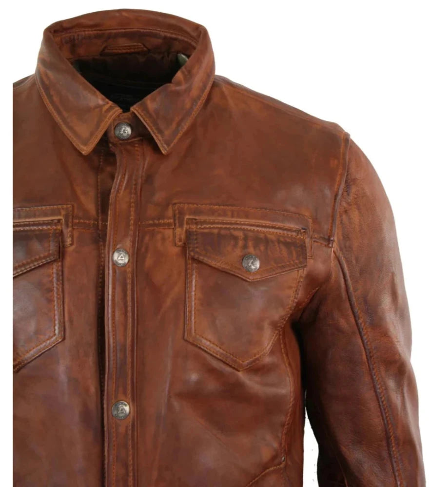 Picture of our Leather Shirt Jacket Brown, close up view