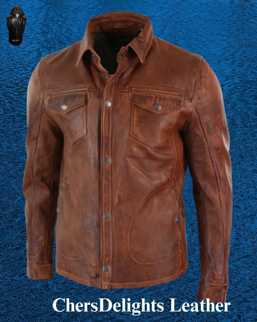 Picture of our Leather Shirt Jacket Brown, front view