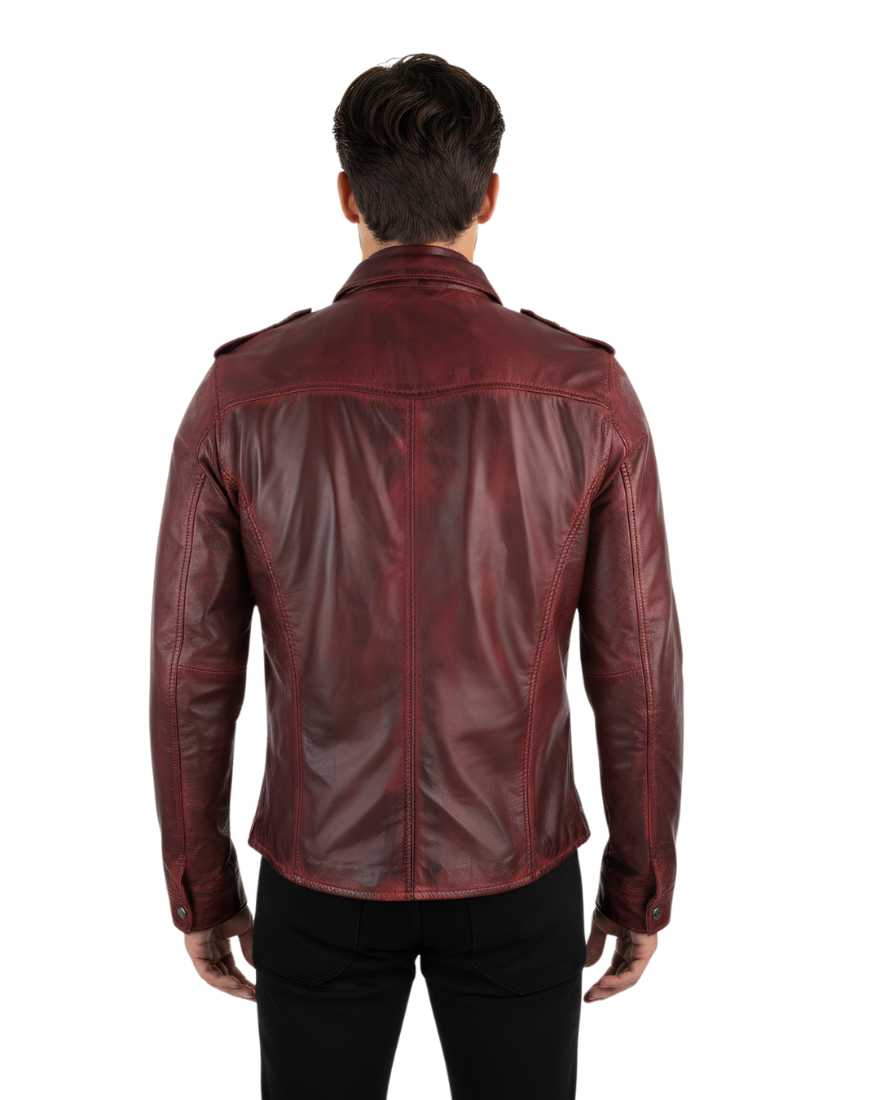 Leather Shirt Jacket for Men | Maroon  worn by a model on a white background, Back view.