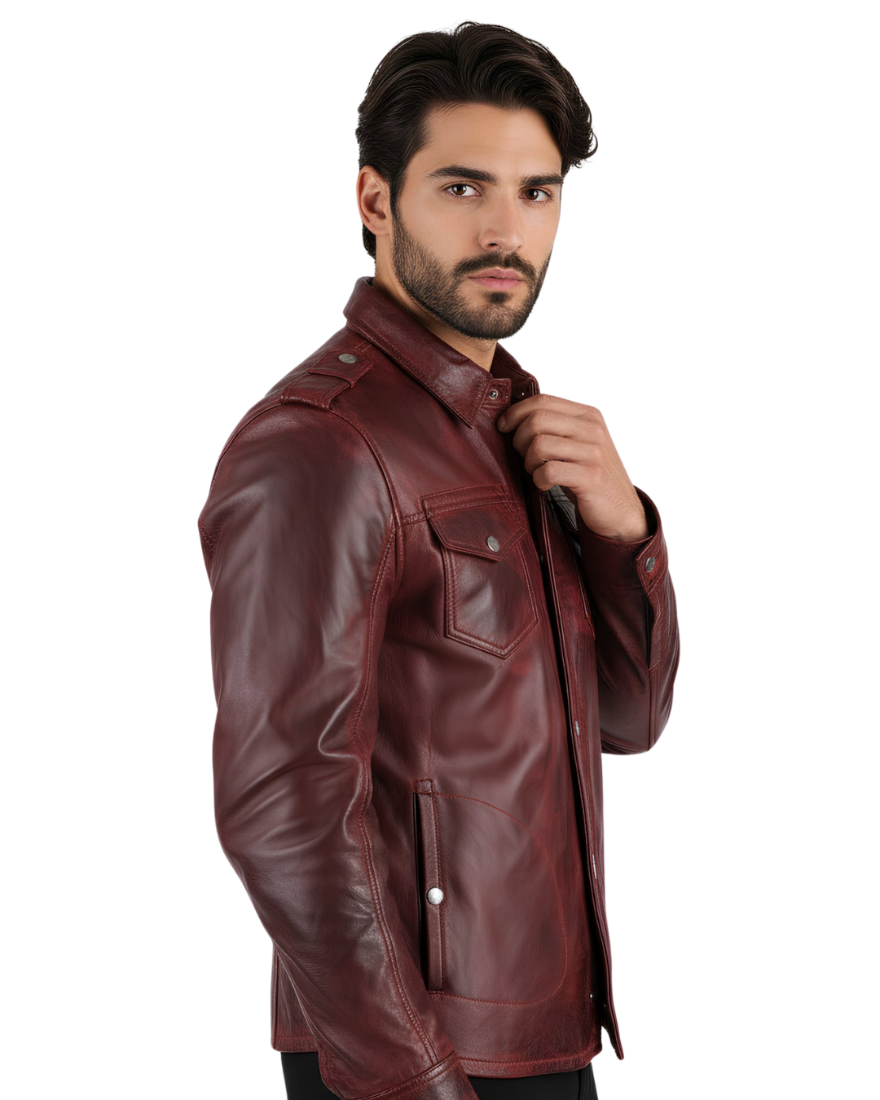 Leather Shirt Jacket for Men | Maroon  worn by a model on a white background, side view.