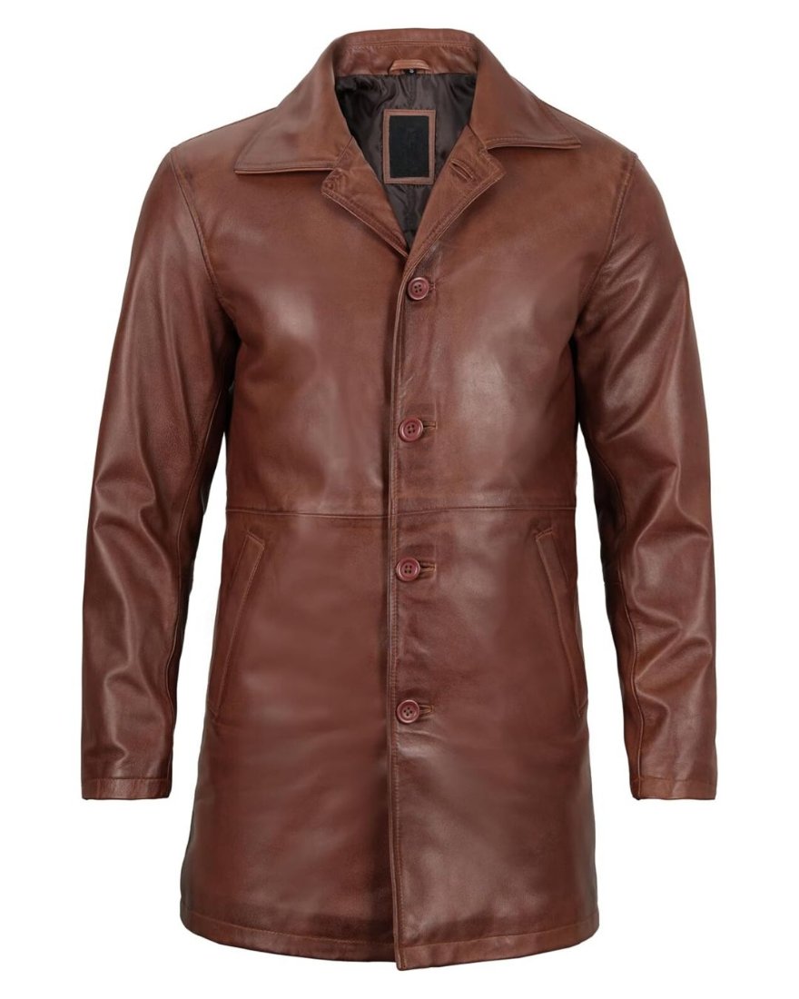 Picture of our Leather Trench Coat  Brown on a mannequin, front view.