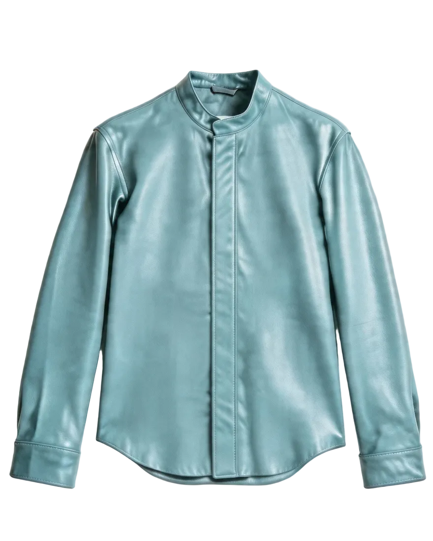 Our Light Blue Long sleeve leather shirt on a white background. Front view.