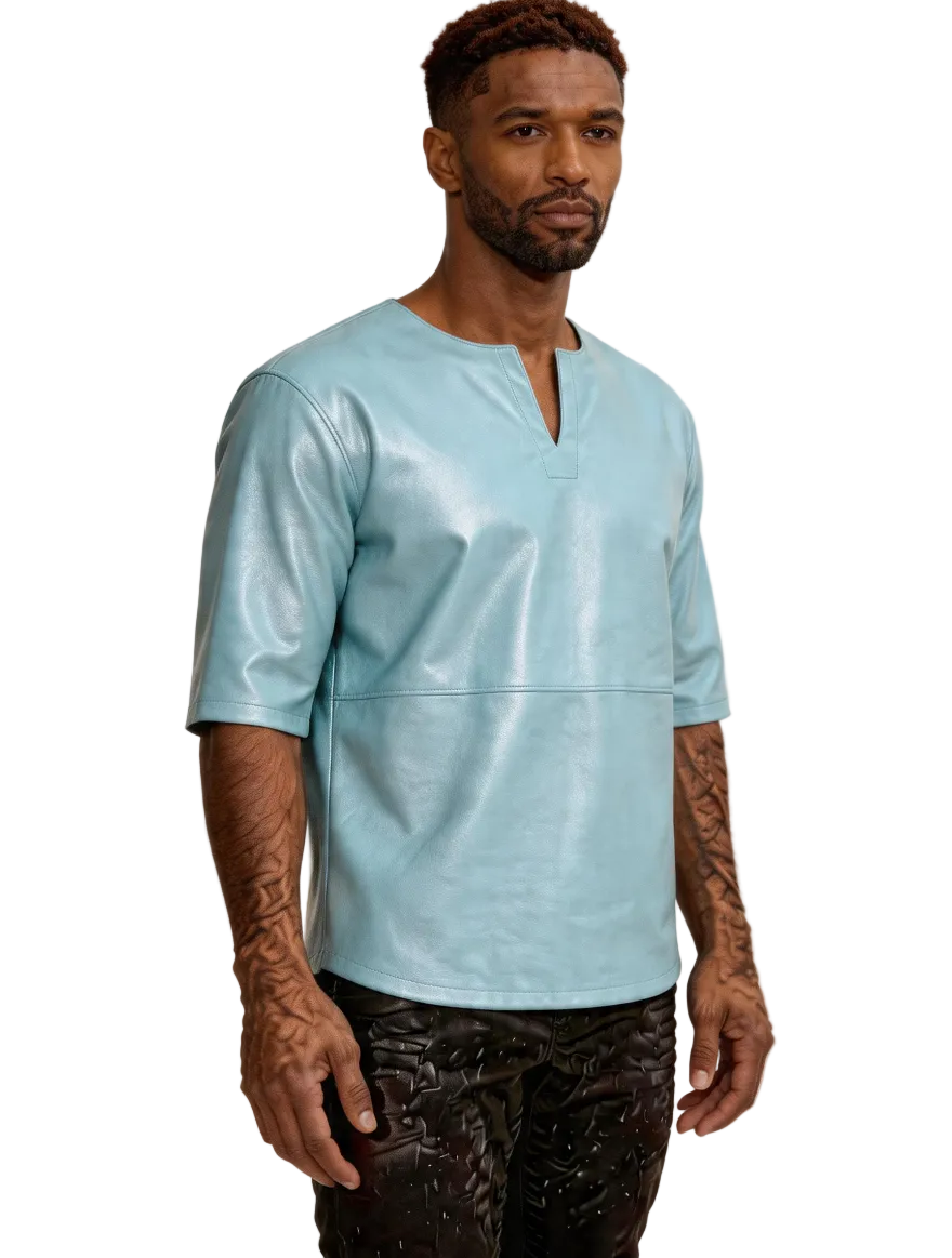 Man wearing a light blue Leather T  shirt against a white background, side view.
