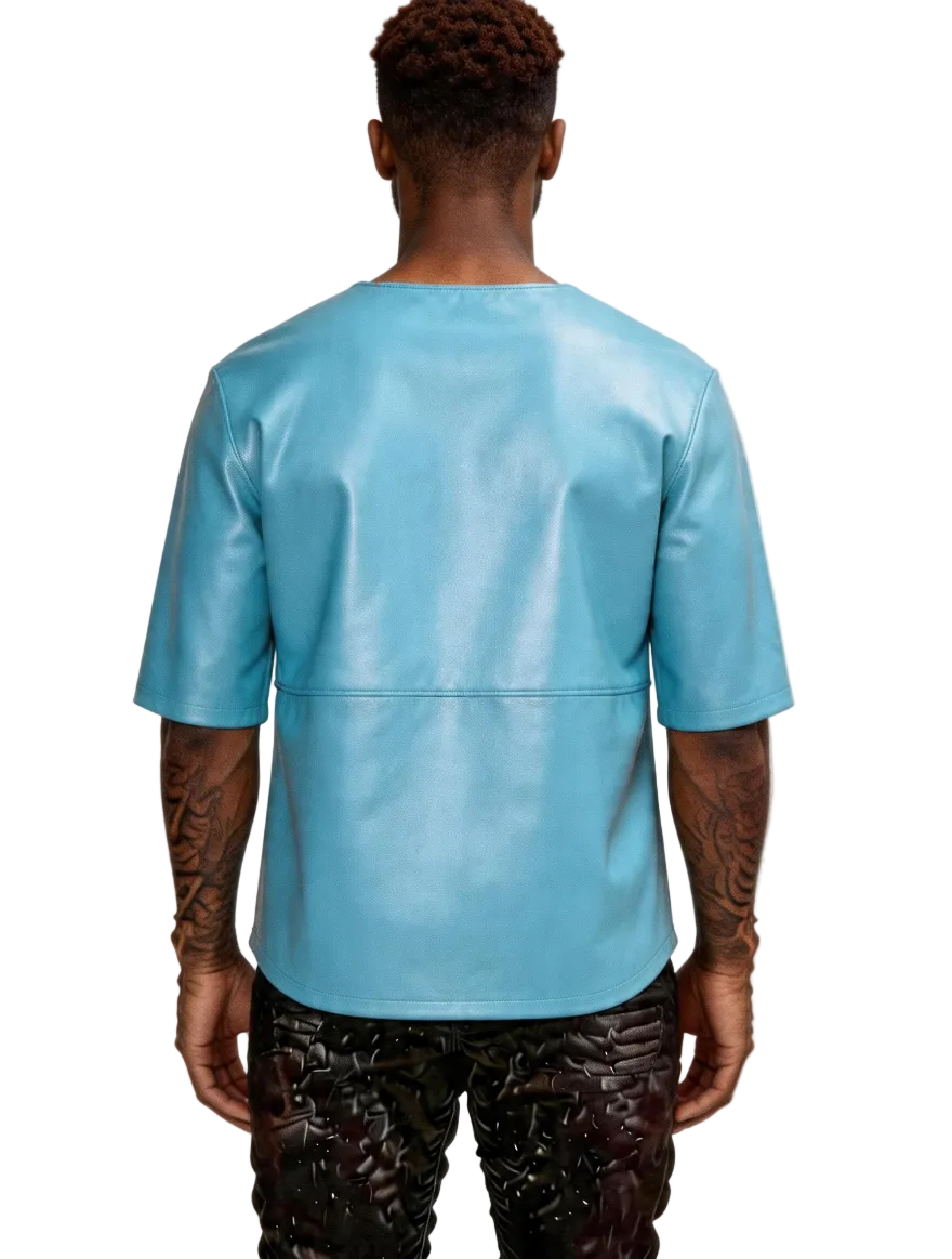 Man wearing our Light Blue Leather T Shirt Mens with a white background, Back view.