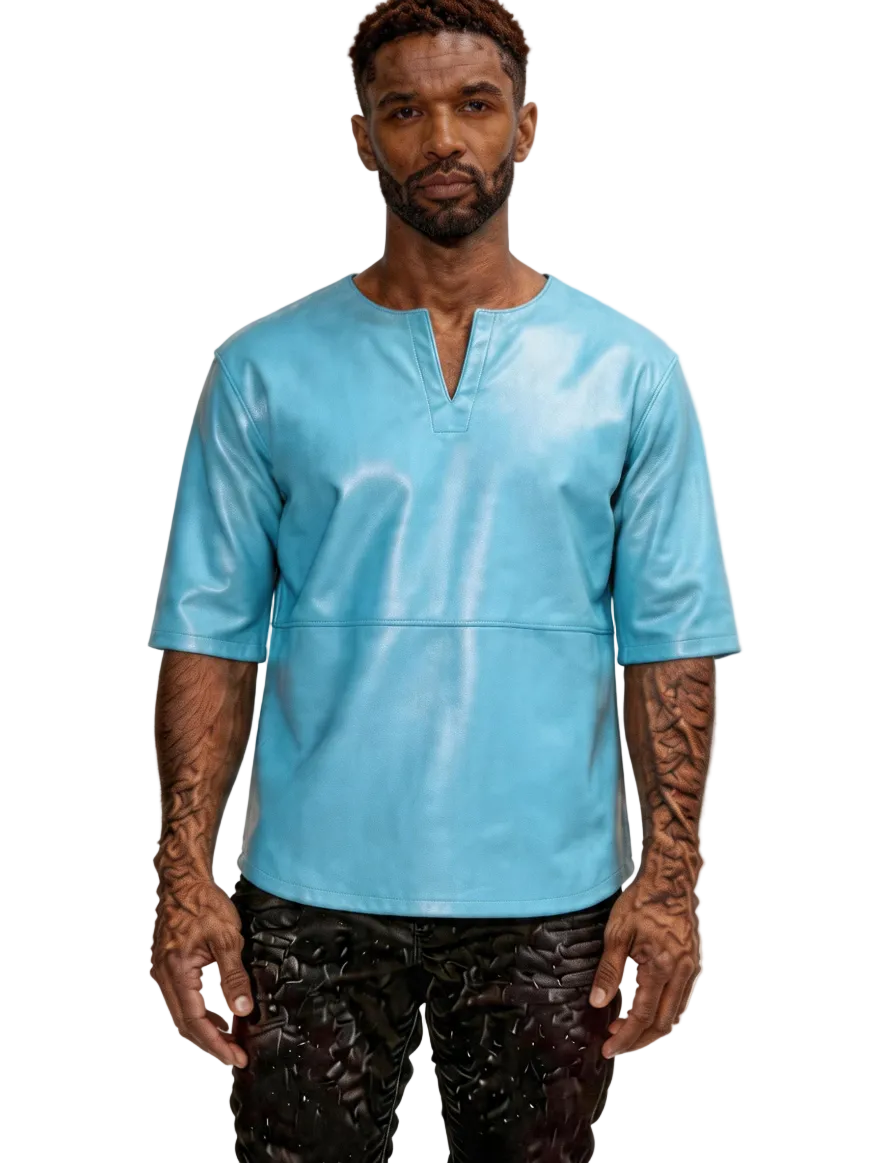 Man wearing our Light Blue Leather T Shirt Mens with a white background, Front view.