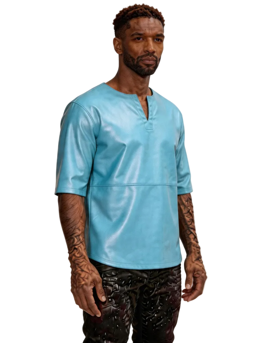 Man wearing our Light Blue Leather T Shirt Mens with a plain background, front view.