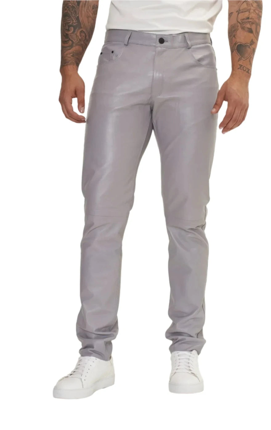 Picture of a model wearing our light grey leather pants. front view