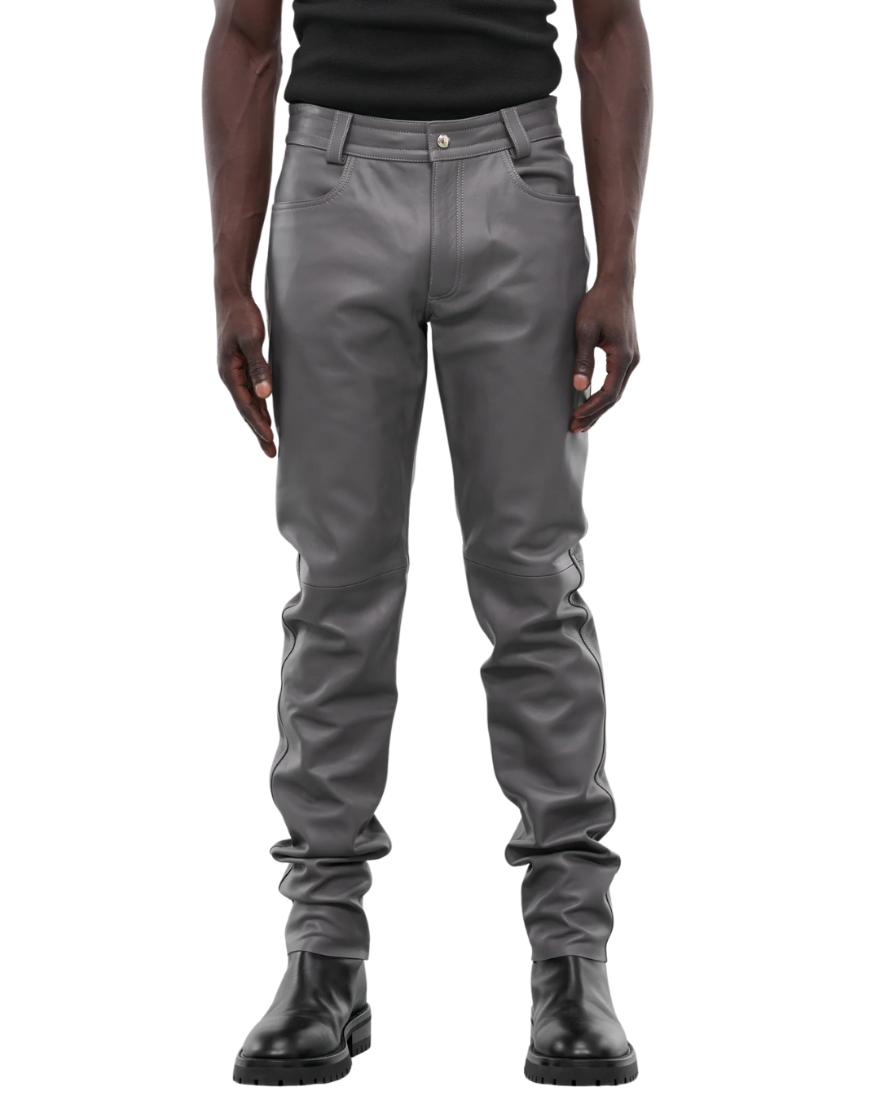 Picture of a model wearing our Light Grey Leather Pants, front view. 