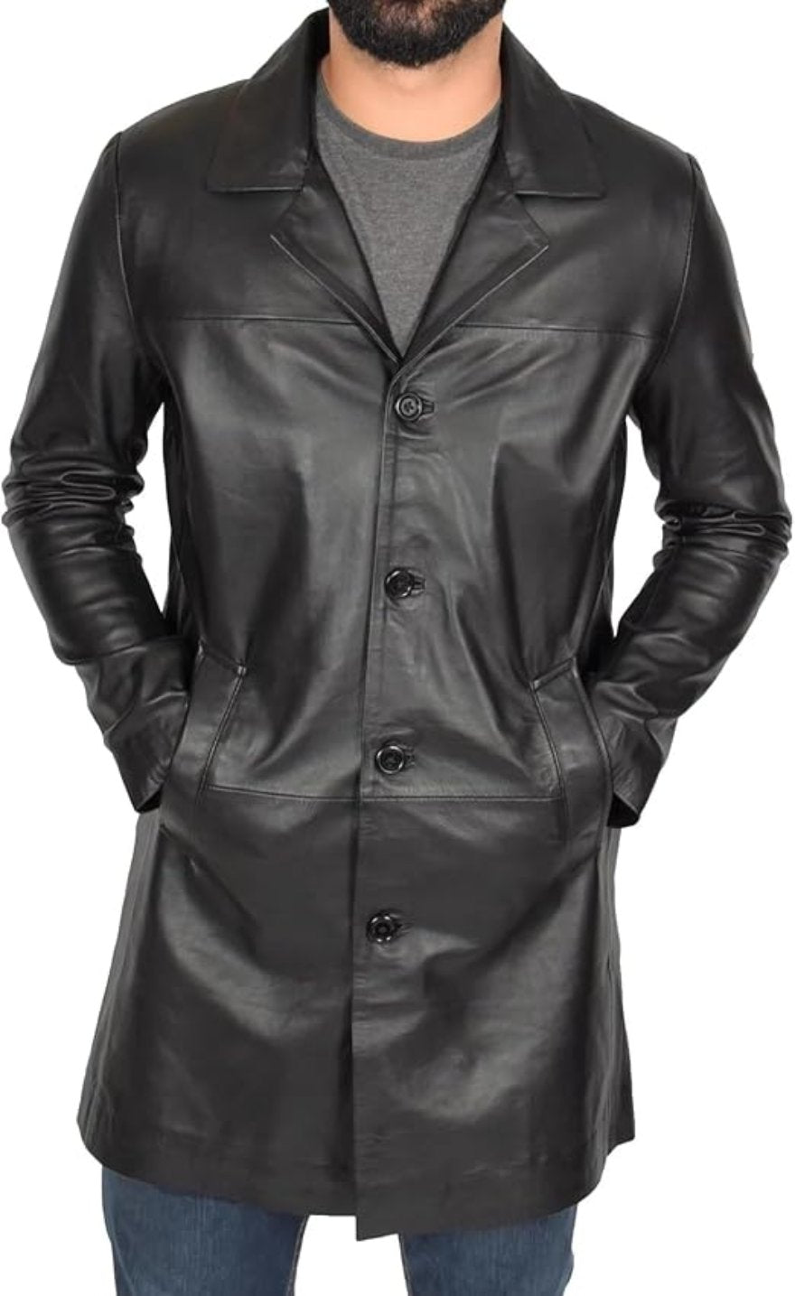 Picture of a model wearing our Black Leather trench Coat, Front view fully buttoned