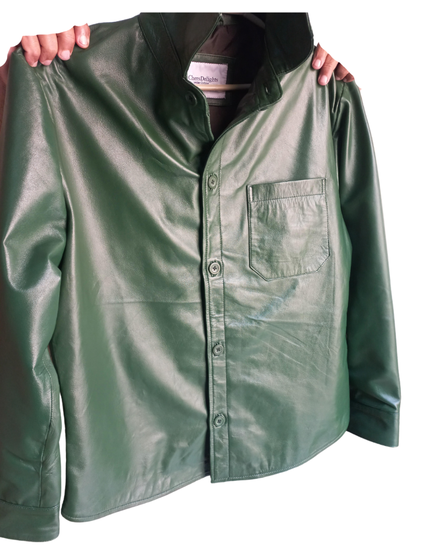 Picture of our Long Sleeve Mens Green Leather Shirt showing the brand label on the inside neck liner