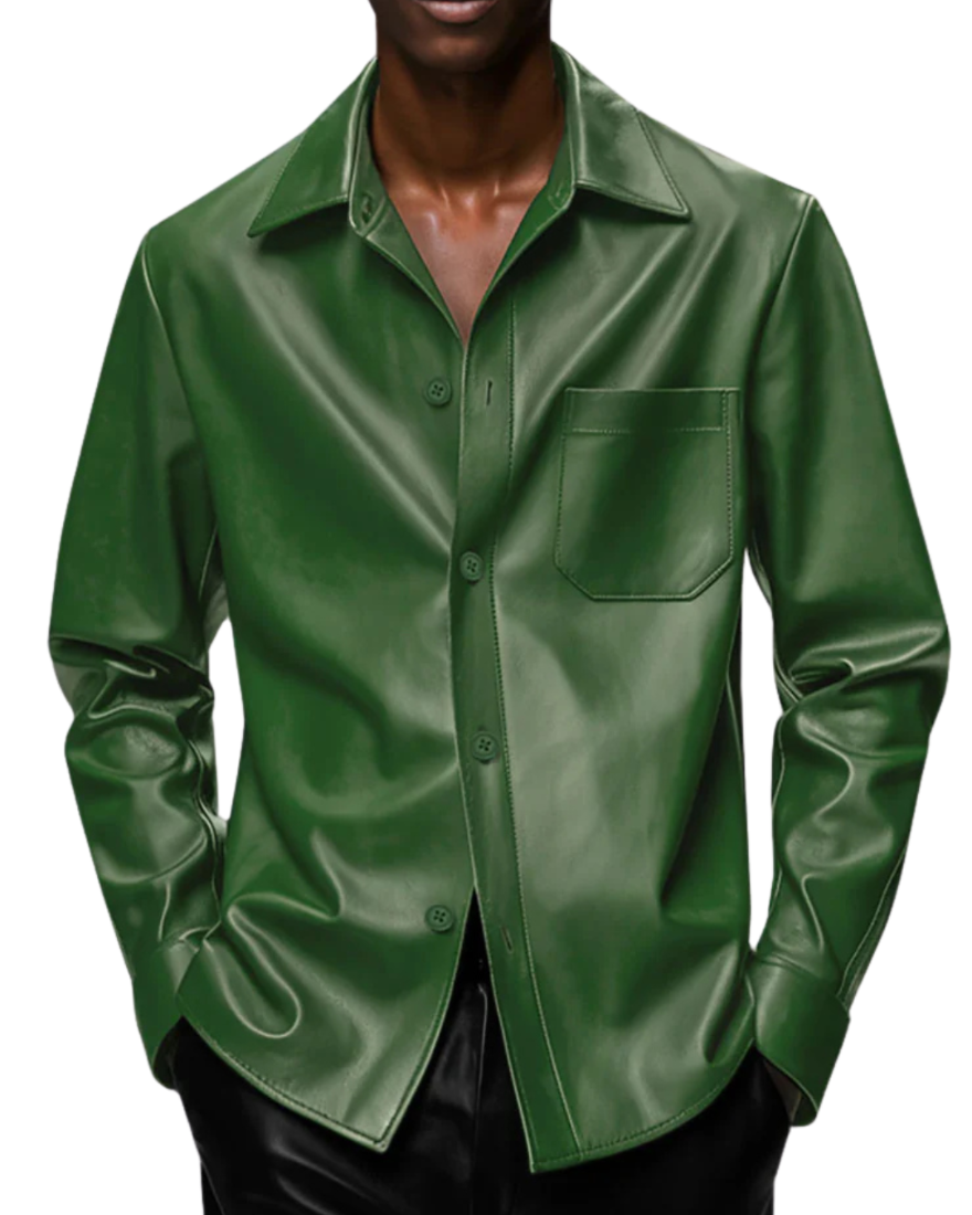 Picture of a model wearing our Long Sleeve Mens Green Leather Shirt, front view.
