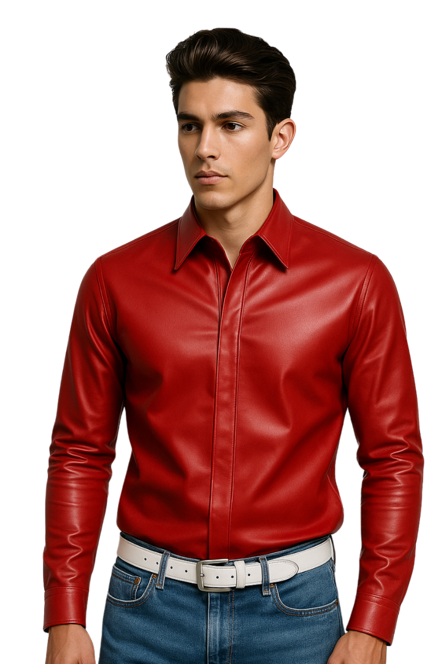 Picture of a model wearing or Long Sleeve Mens Red Leather Shirt, frot view.