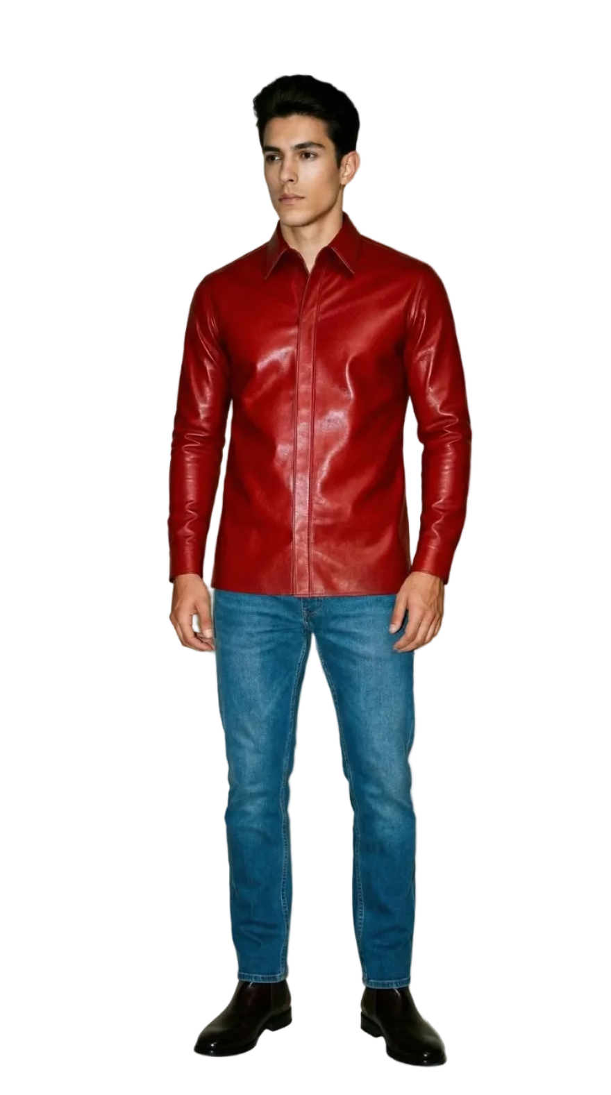 Man wearing our red leather shirt and blue jeans against a plain background