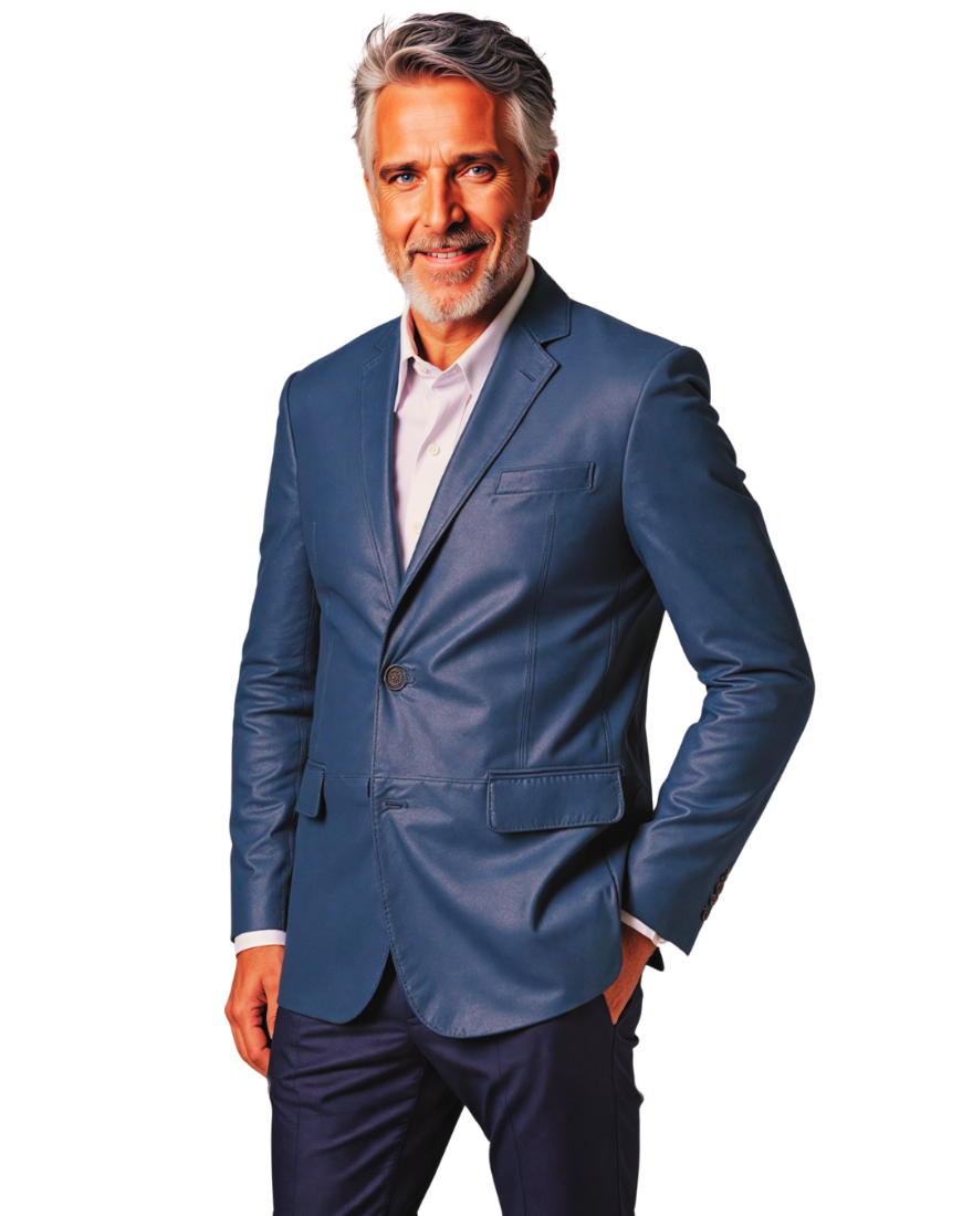 Man wearing a Man wearing a blue leather  sport jacket  on a white background