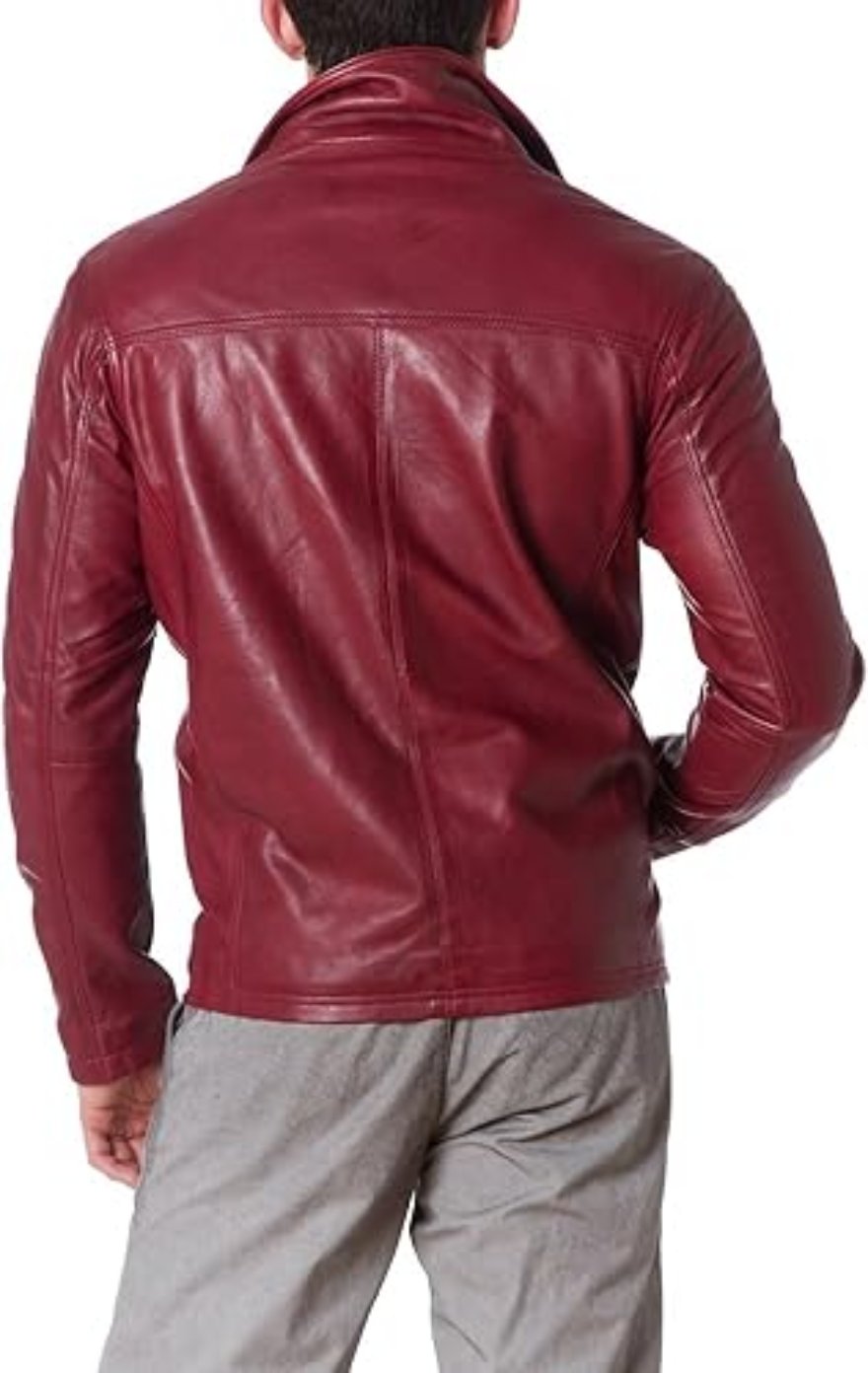 Picture of a model wearing our Maroon Leather Jacket, Back view.