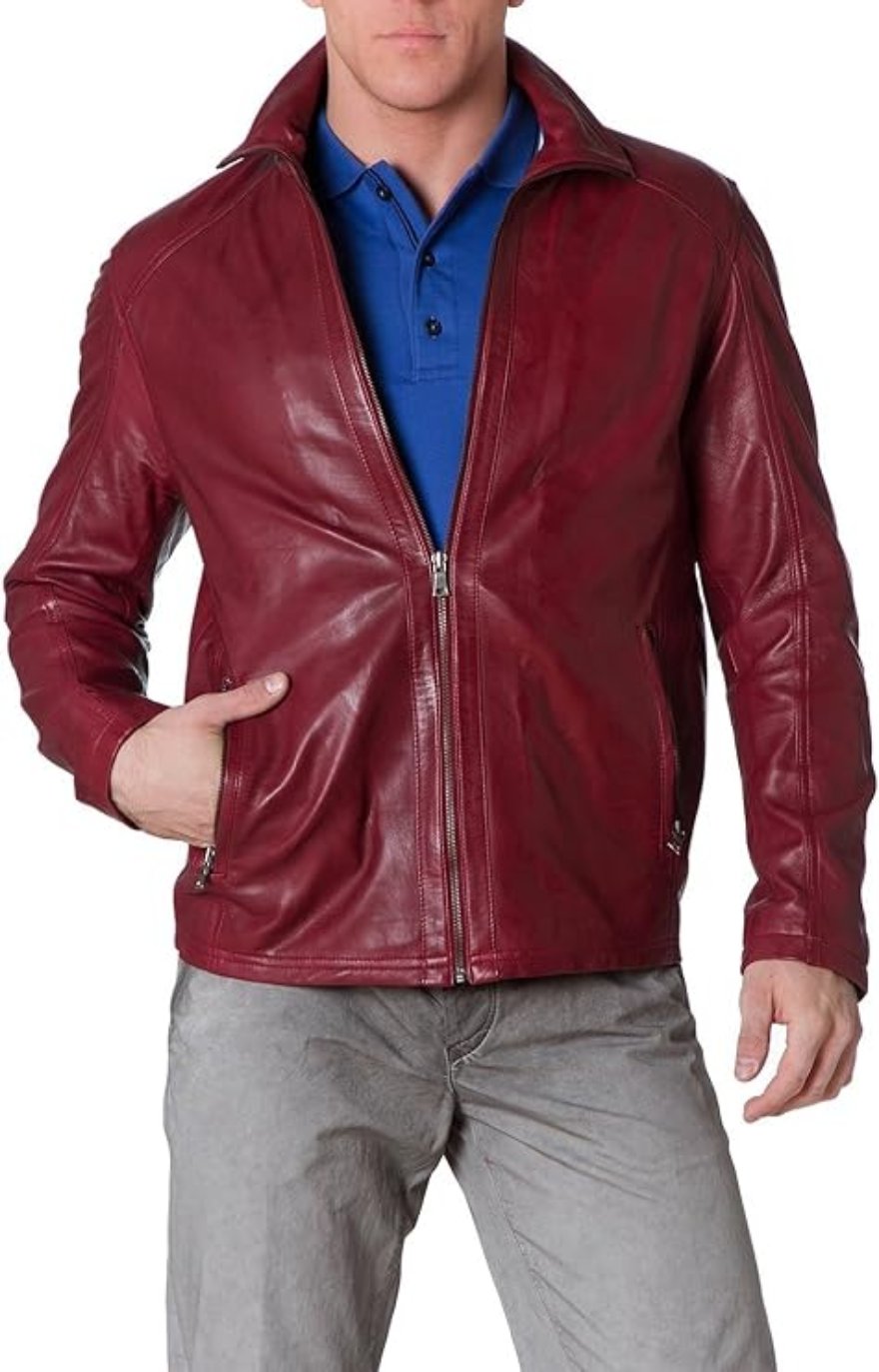 Picture of a model wearing our Maroon Leather Jacket, Front view.