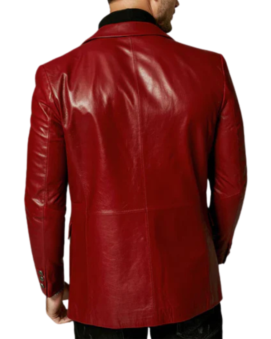 Picture of a model wearing our Maroon leather blazer back view 