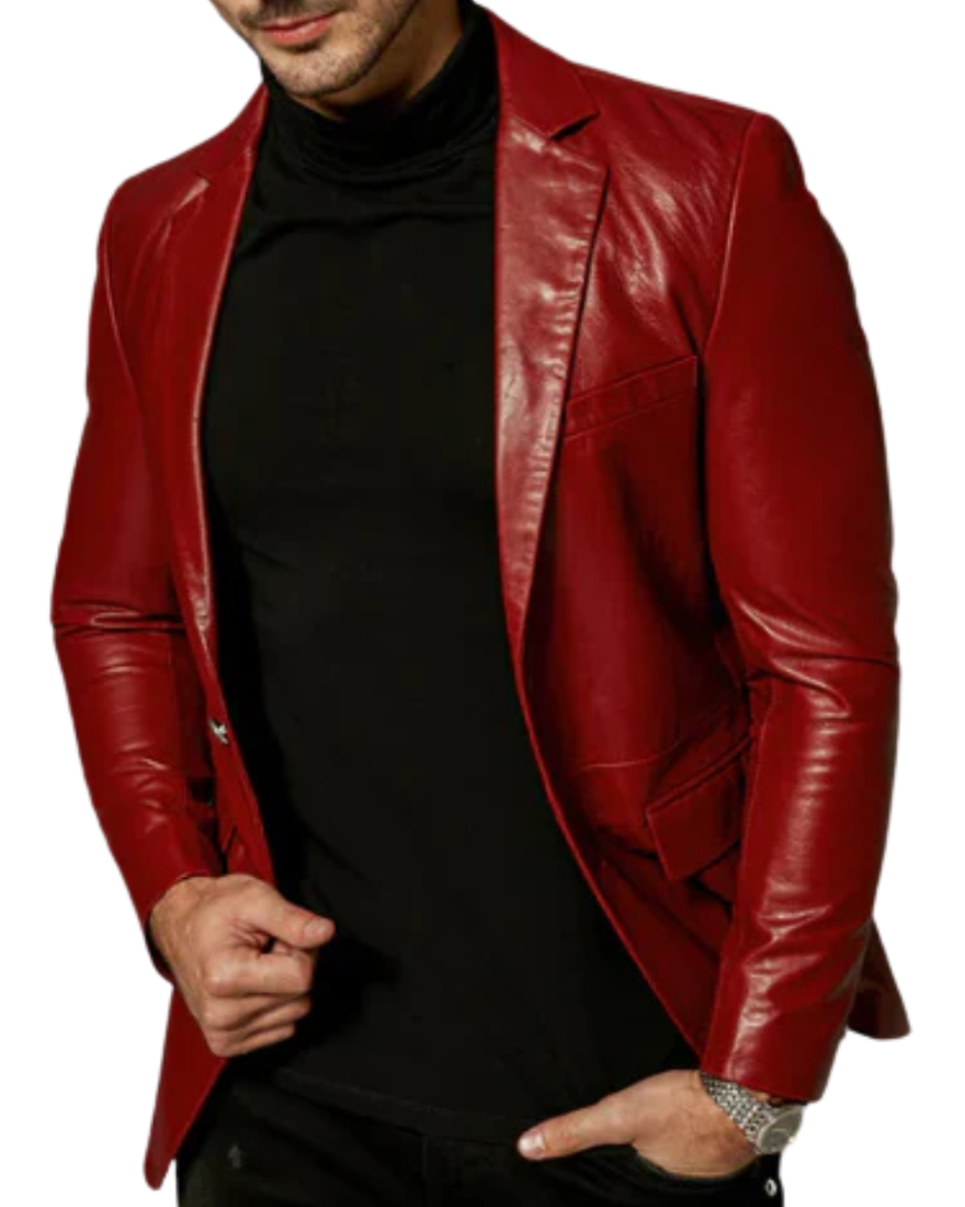 Picture of a model wearing our Maroon leather blazer front view 