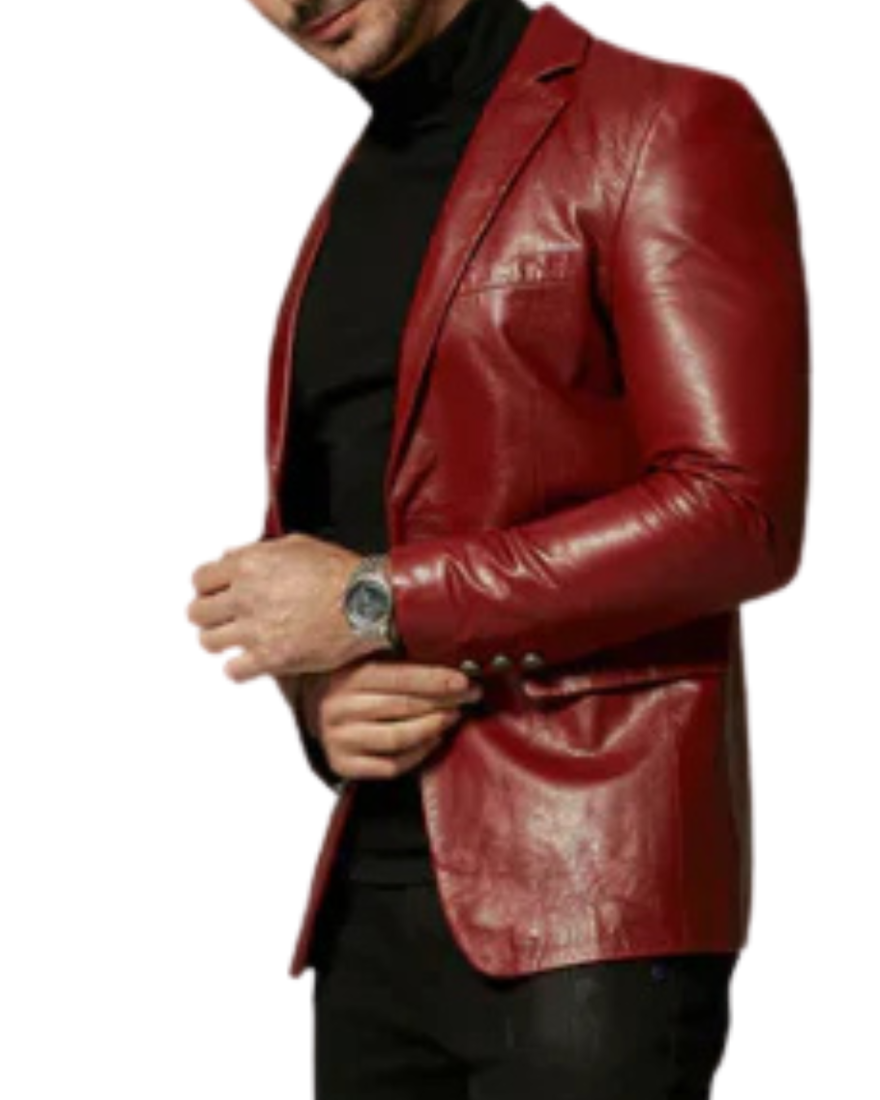 Picture of a model wearing our Maroon leather blazer side view 