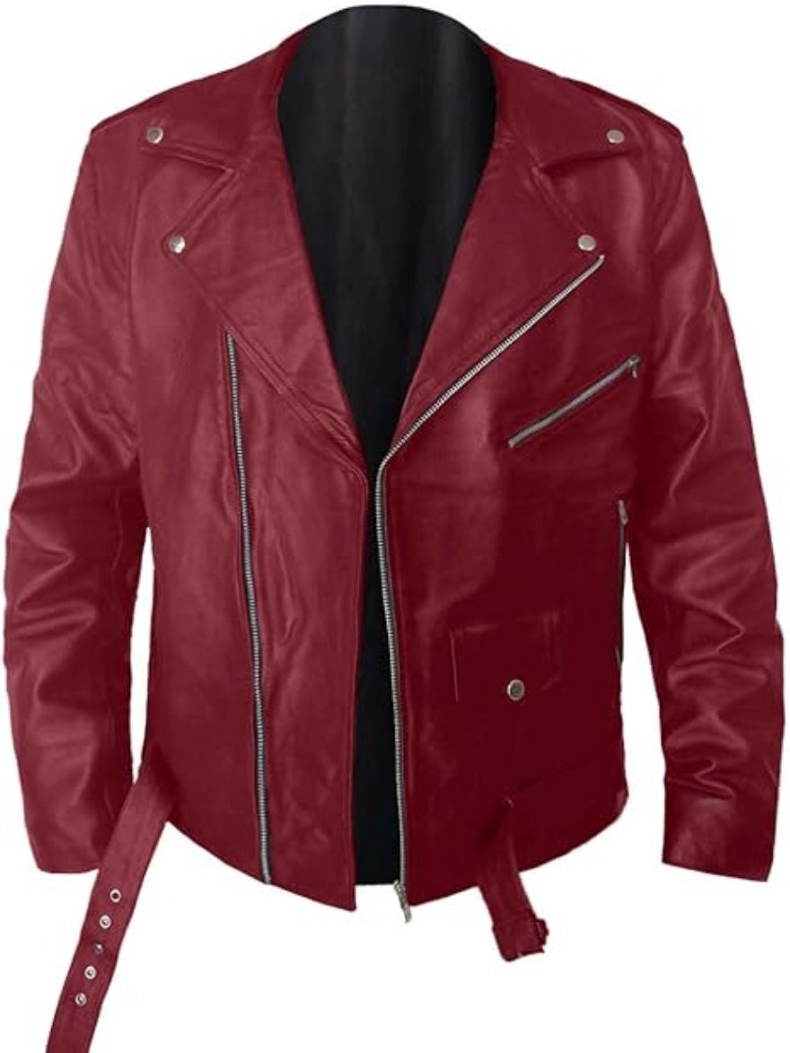 Picture of our Maroon Moto Jacket on a mannequin, Front view, with zipper open.