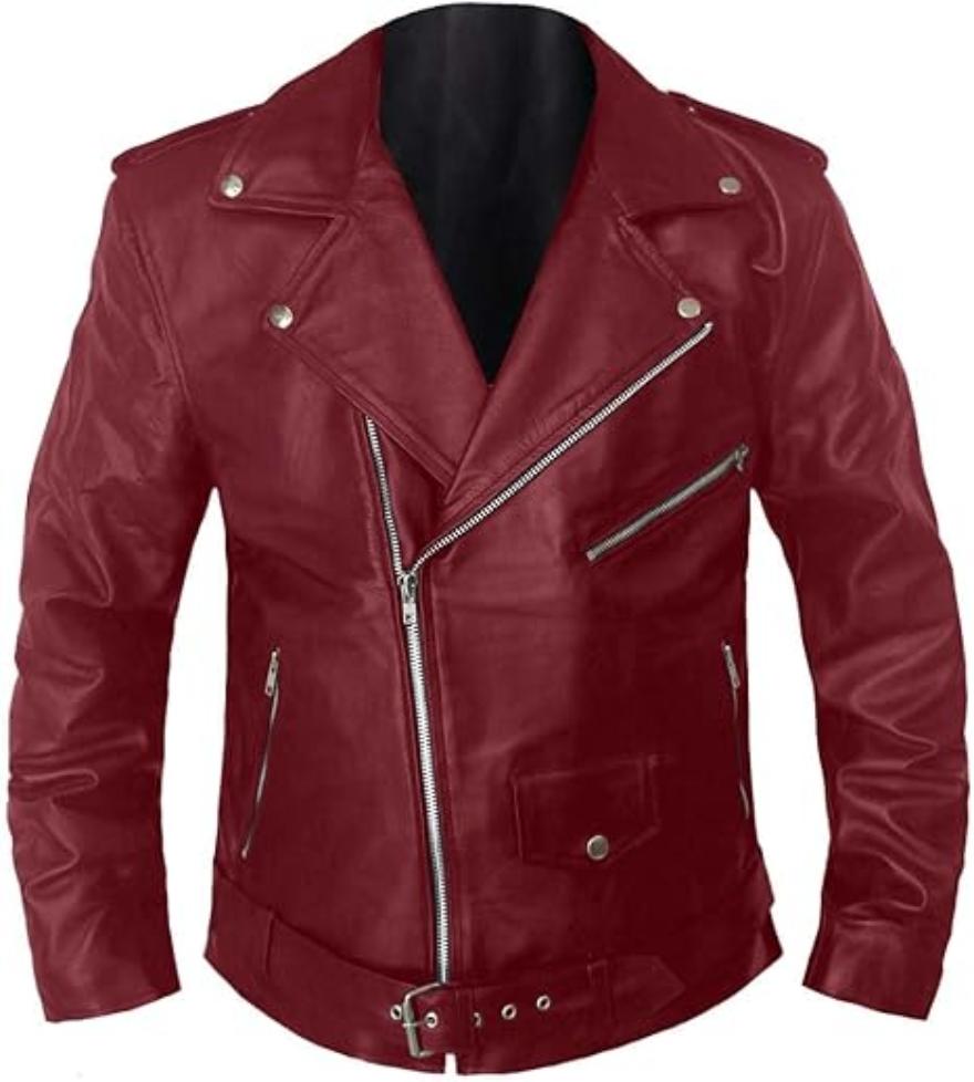 Picture of our Maroon Moto Jacket on a mannequin, Front view,