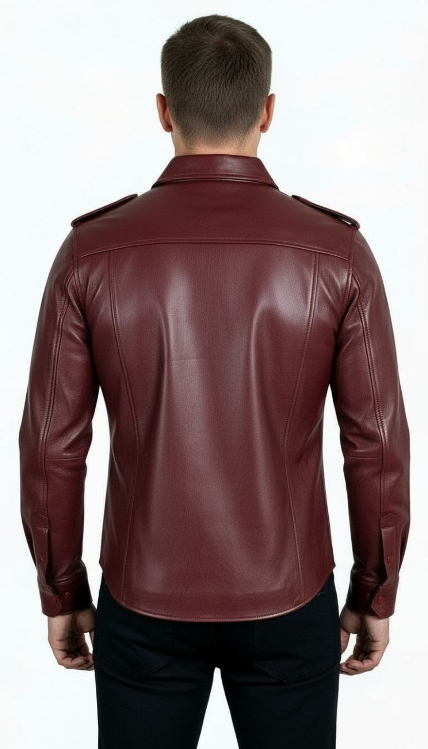 Our Maroon leather uniform shirt worn by a person on a white background, back view.