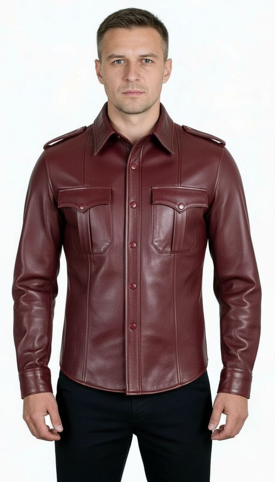 Our Maroon leather uniform shirt worn by a person on a white background, front view.