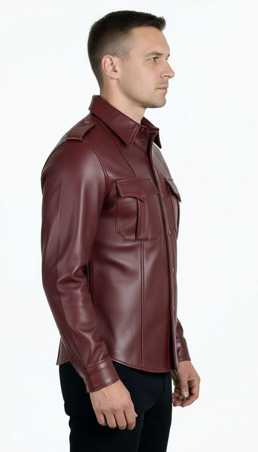 Our Maroon leather uniform shirt worn by a person on a white background, side view.