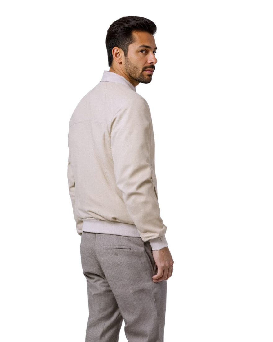 Picture of a man wearing our Men&#39;s Beige Leather Jacket, back view.