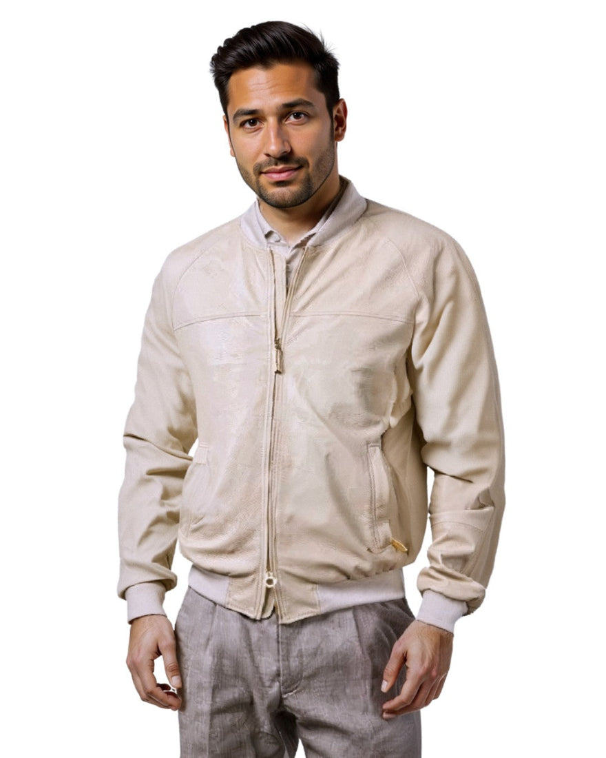 Picture of a man wearing our Men&#39;s Beige Leather Jacket, front view.