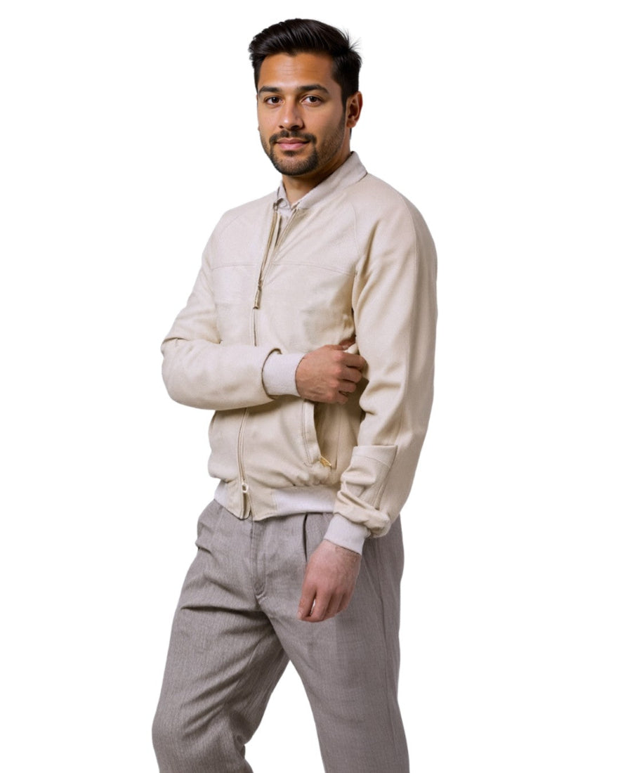 Picture of a man wearing our Men&#39;s Beige Leather Jacket, side view.